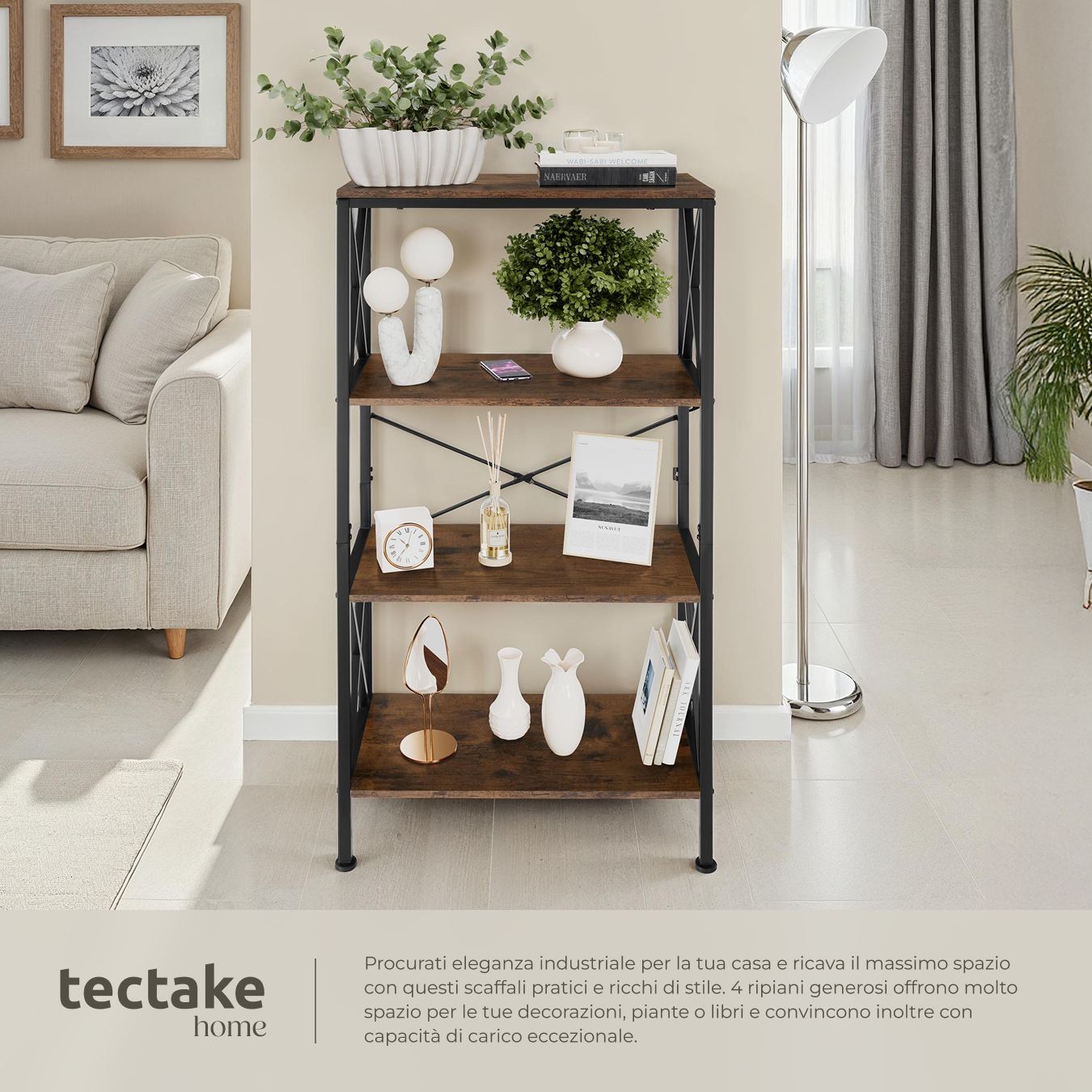 Scaffali alti libreria 4 ripiani scaffali cucina legno metallo stile industrial - Foto 4 di 25