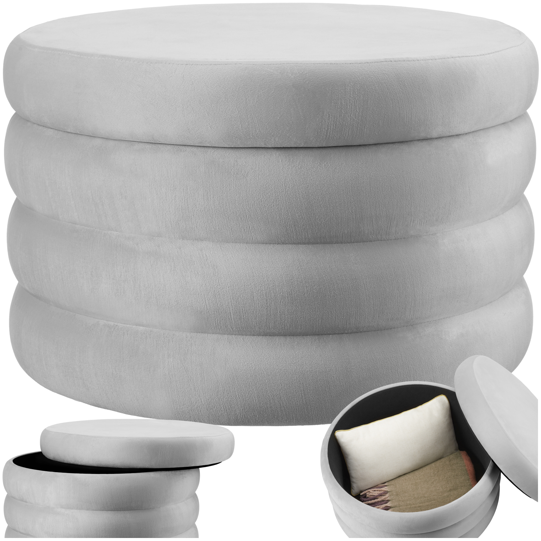 Tabouret ALTU XL rembourré avec rangement - Aspect velours gris