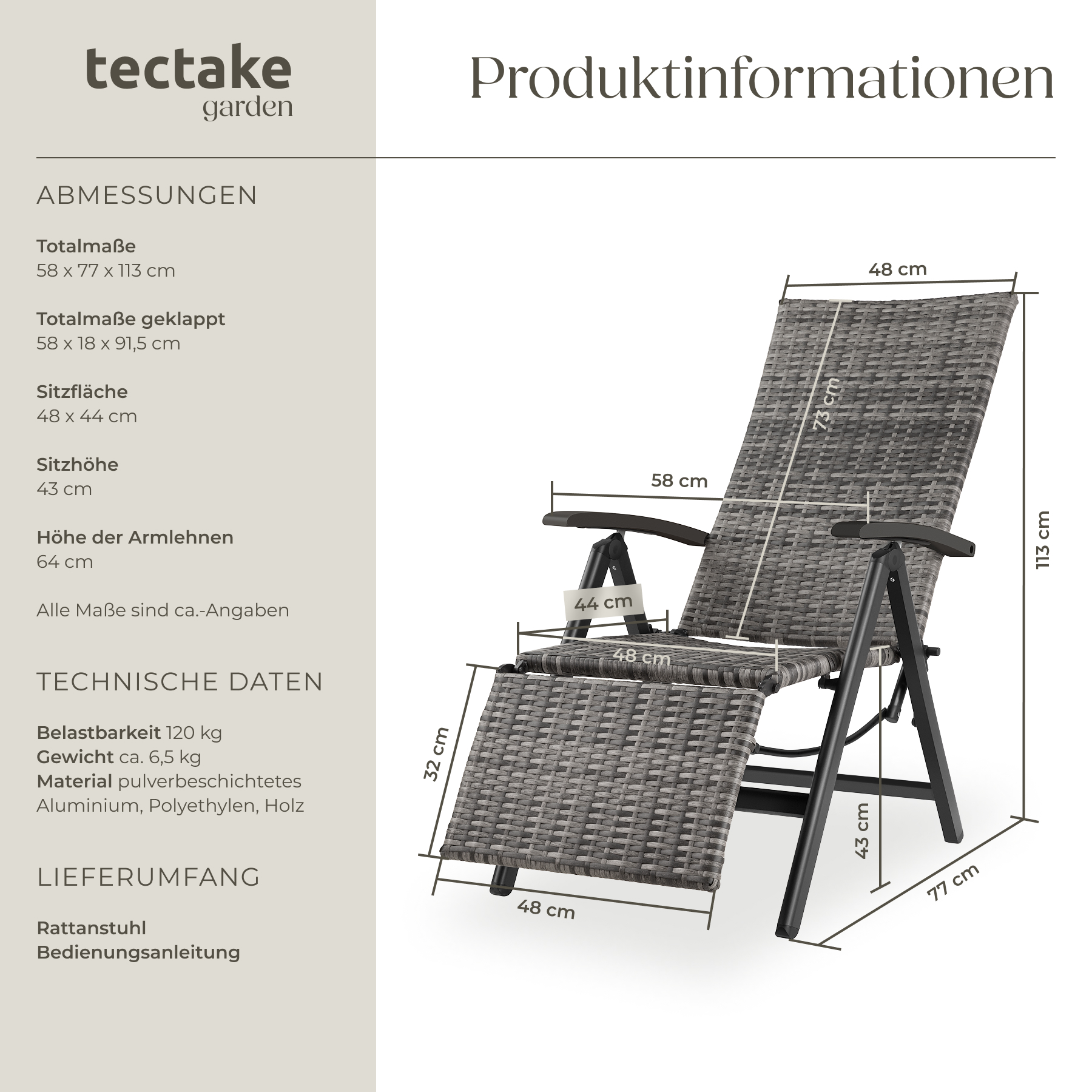 Aluminium Polyrattan Relaxsessel mit Fußablage Gartenstuhl Klappstuhl Liegestuhl