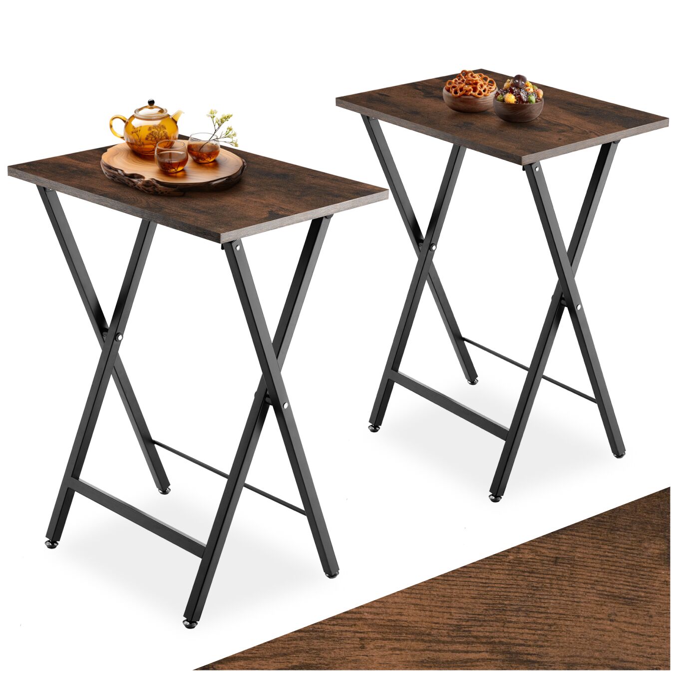 Bedside Table Phoenix Set of 2 - industrial style, foldable - Industrial wood dark, rustic