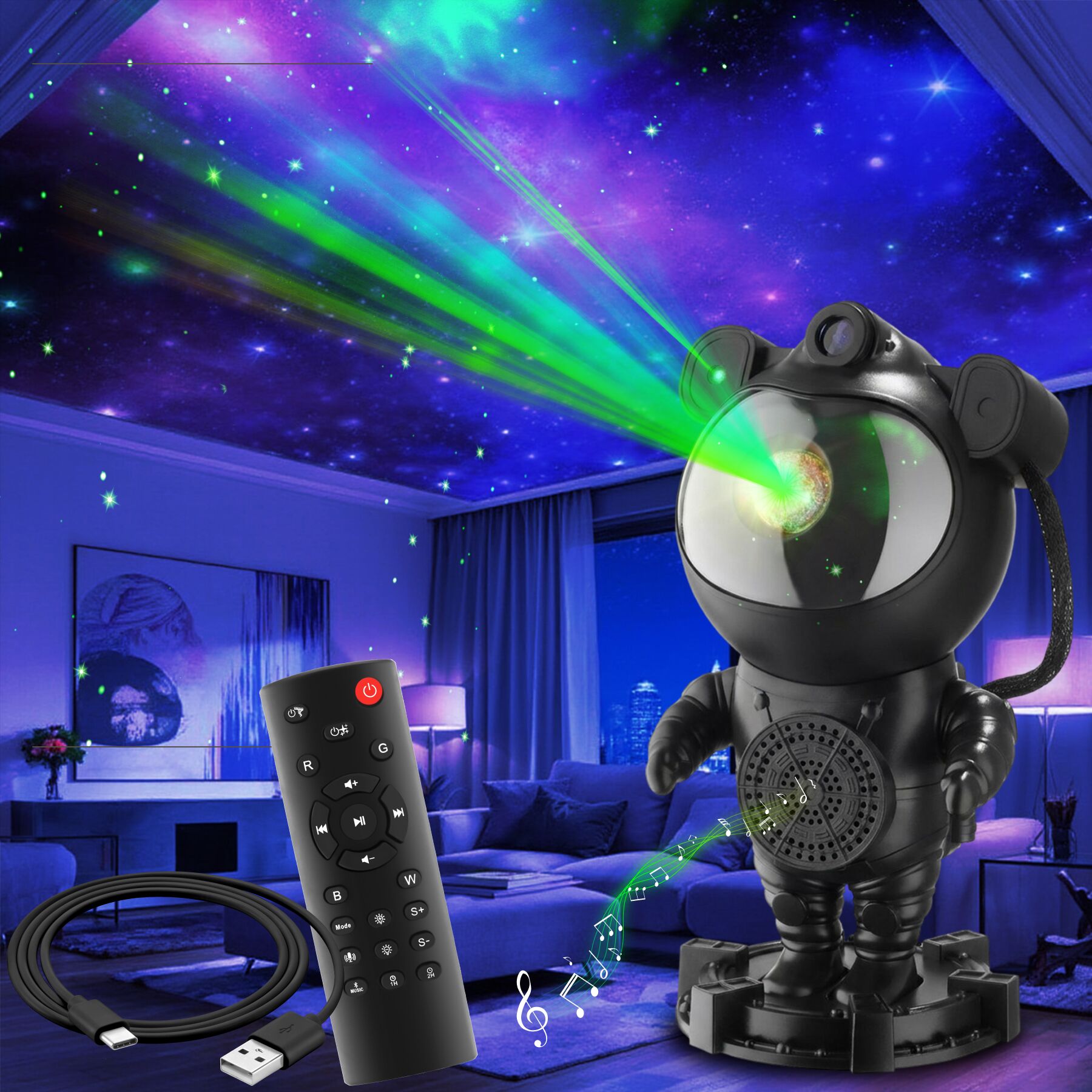 LED Starry Sky Projector Astronaut - with Bluetooth and remote control - black | tectake