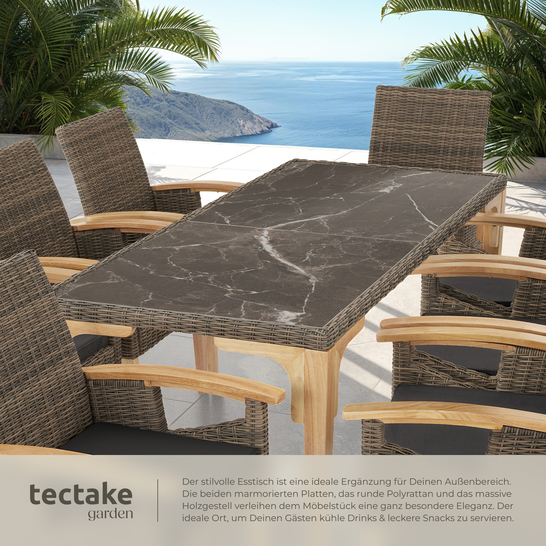 Alu Rattan Tisch Gartentisch Esstisch Terrassentisch in Marmoroptik Holzbeine