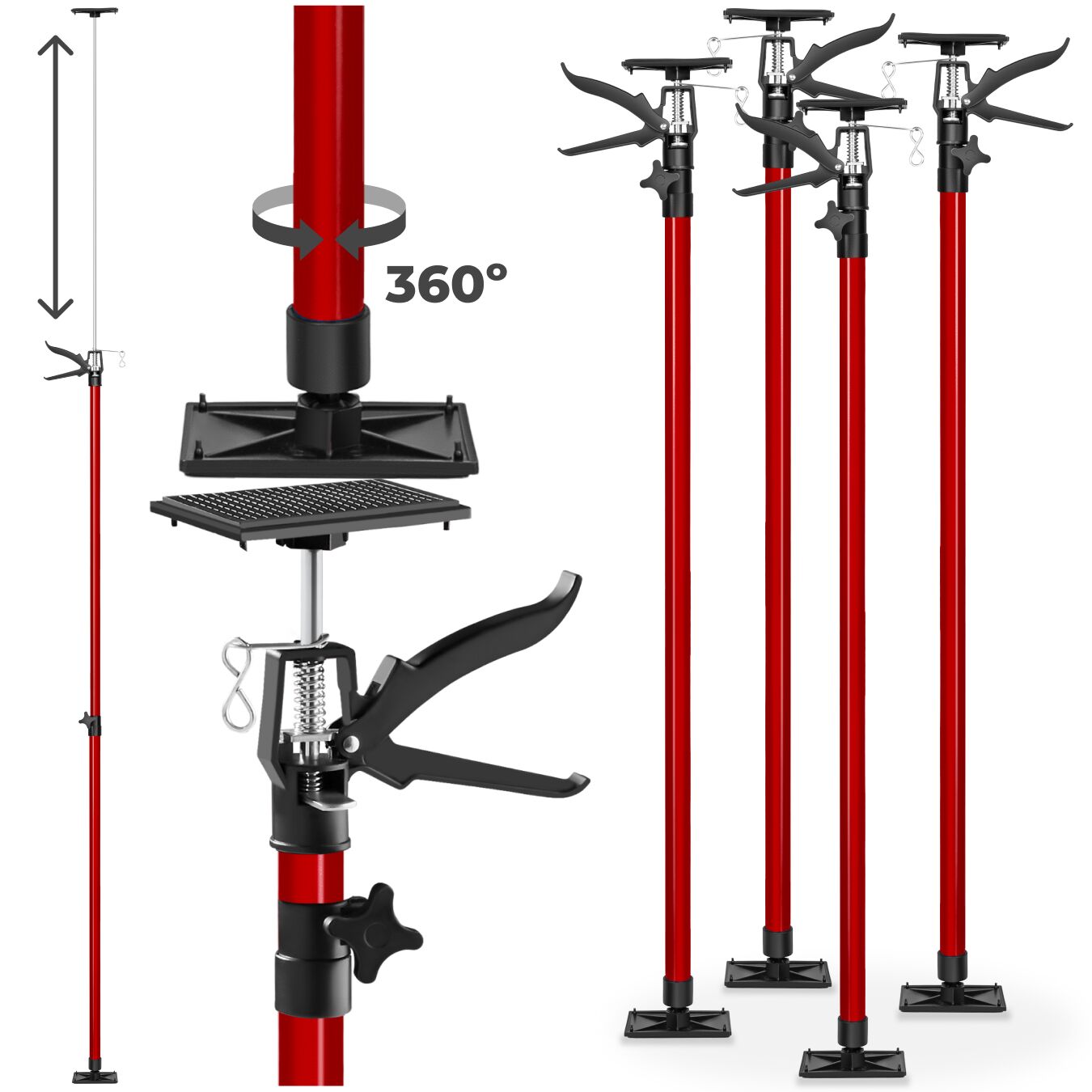 Plasterboard Props Set of 4 Adjustable Ceiling Support Shore Holder 115 up to 290 cm - red | tectake