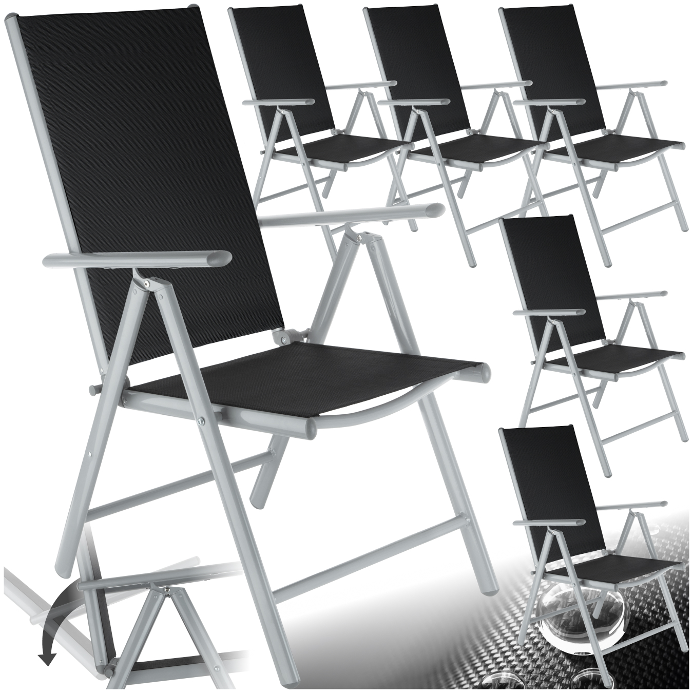 Folding aluminum garden chairs - black/silver, Set of 6 | tectake