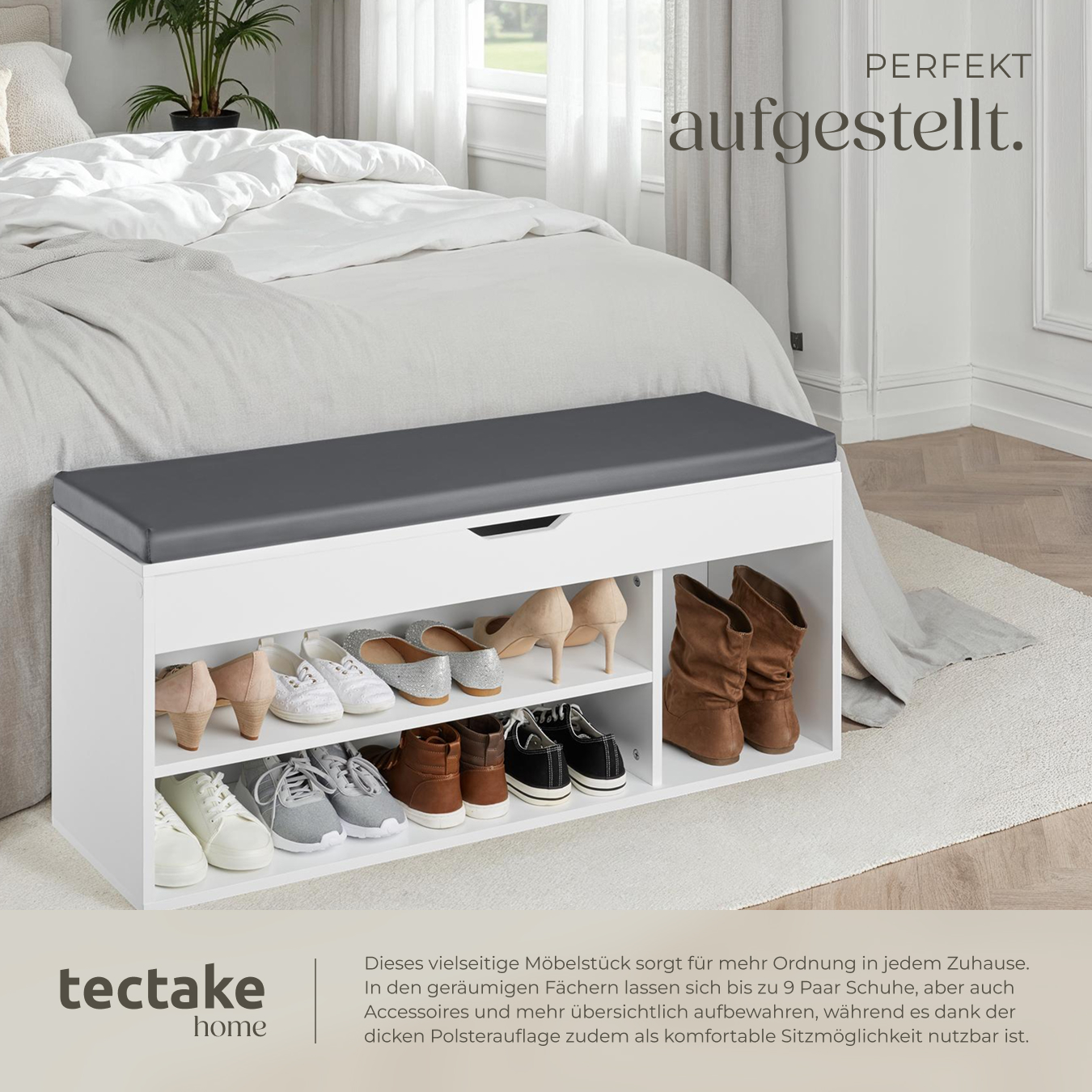 Schuhbank mit Sitzkissen Holz Schuhschrank Schuhregal Sitzfläche Klappfach 104cm - Bild 6 von 37