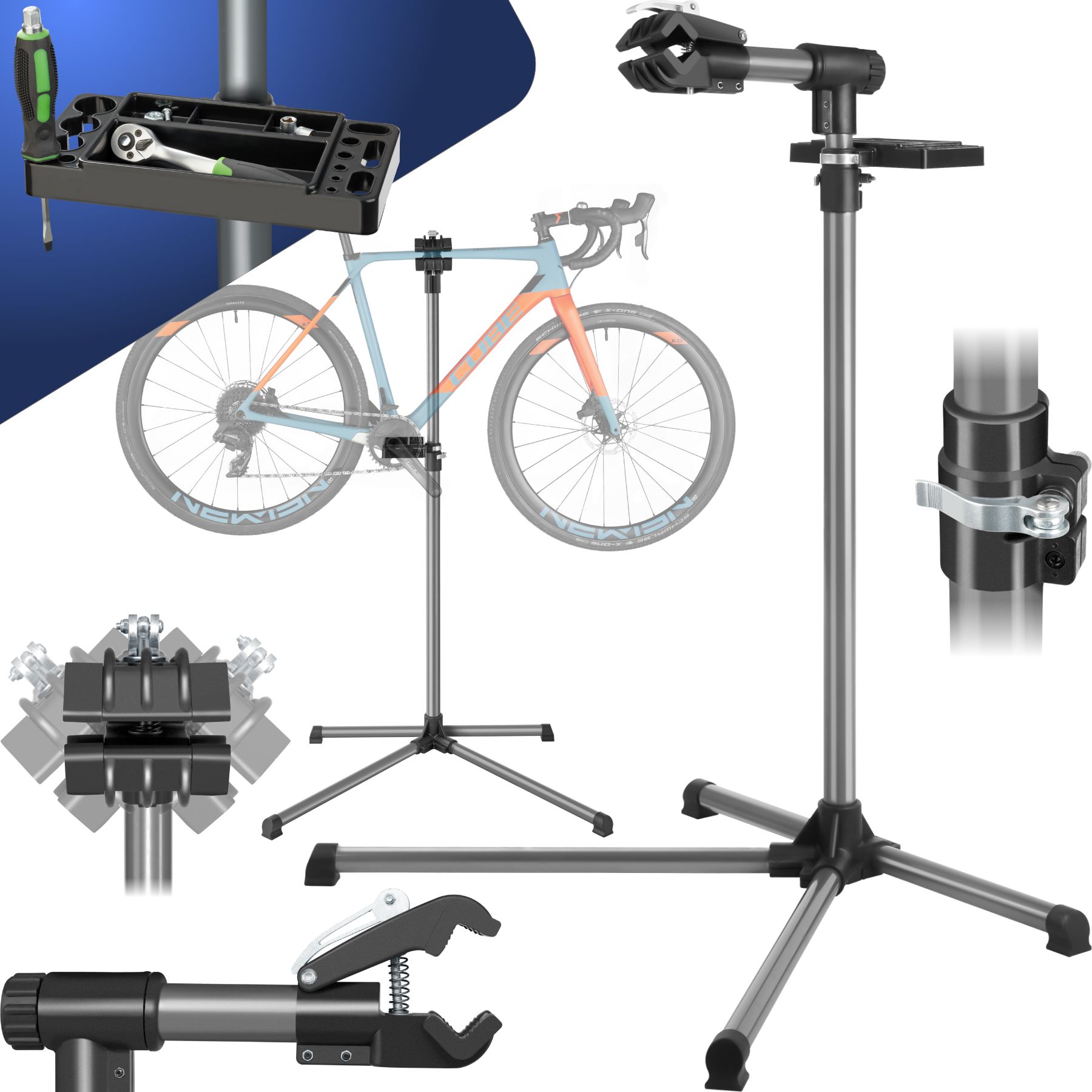 Suporte para reparação de bicicletas com bandeja para ferramentas - preto