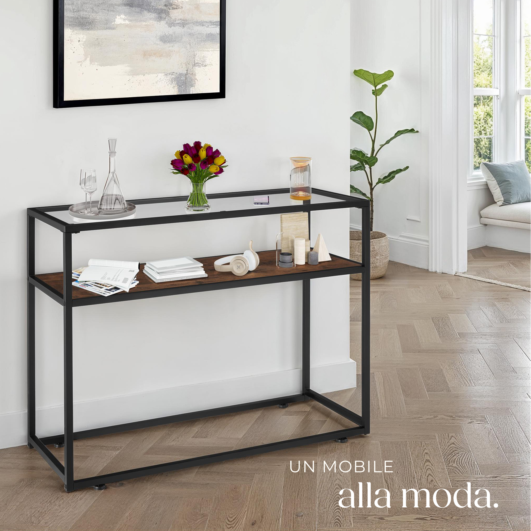 Tavolo console vetro corridoio tavolino appoggio 2 ripiani legno metallo - Foto 8 di 25