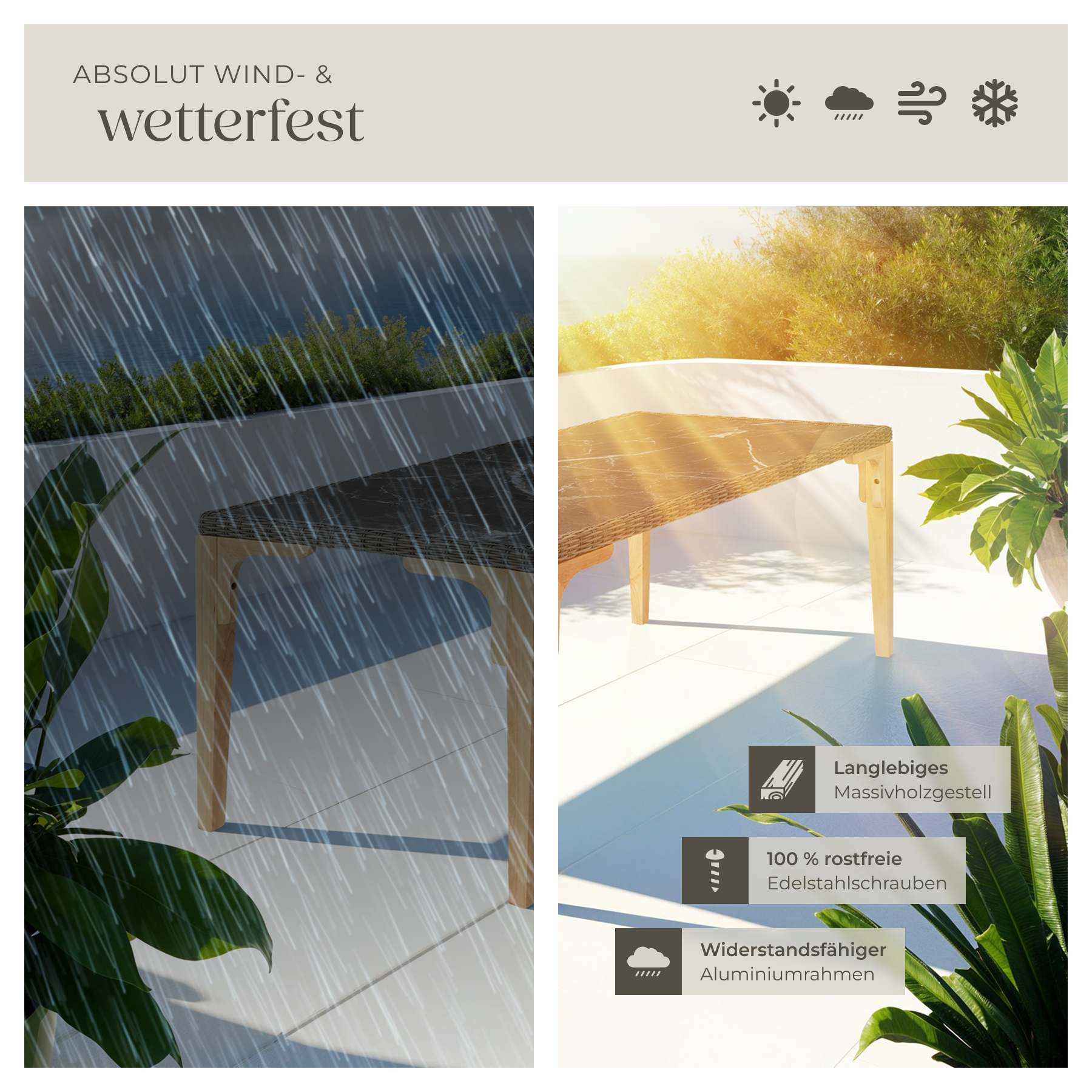 Alu Rattan Tisch Gartentisch Esstisch Terrassentisch in Marmoroptik Holzbeine
