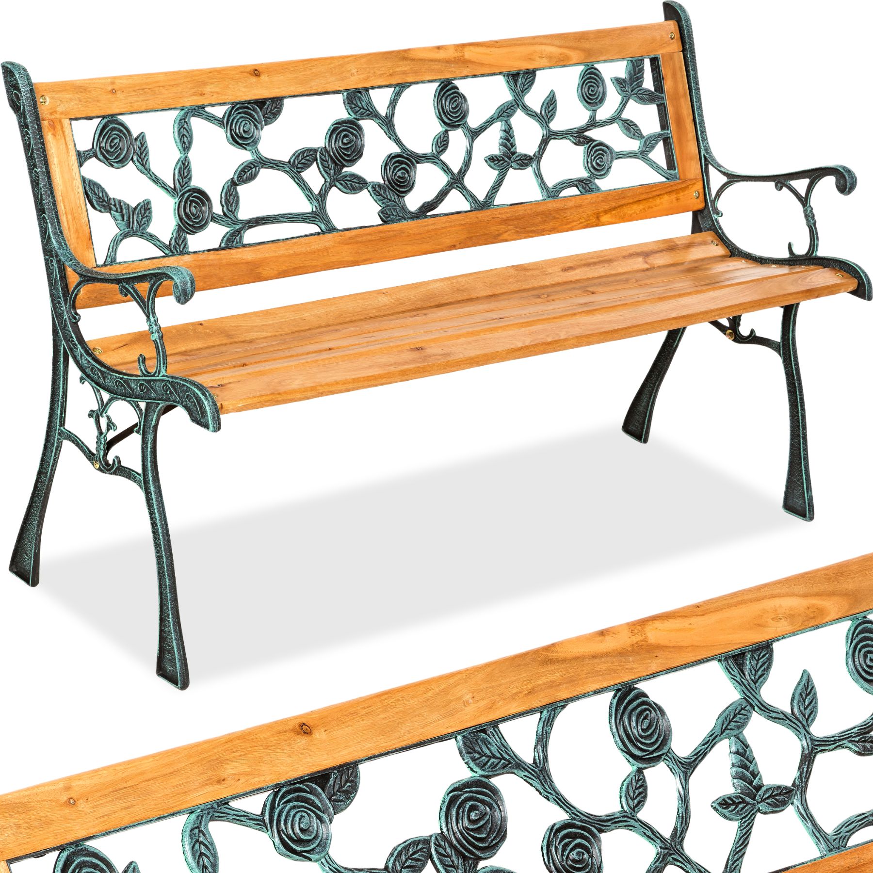 Ławka ogrodowa parkowa drewniana z żeliwnymi elementami 124x52x74cm - brązowy