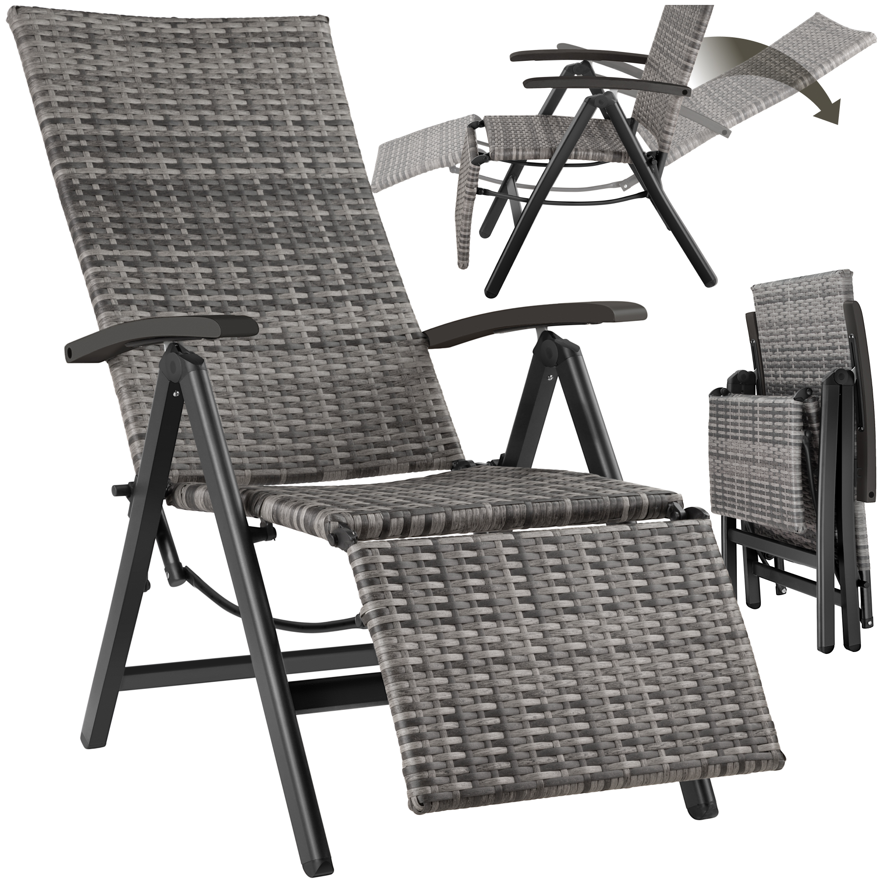 Wicker tuinstoel opklapbaar met aluminium frame en voetsteun - grijs