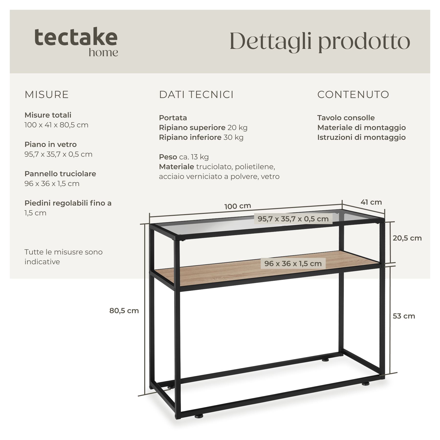 Tavolo console vetro corridoio tavolino appoggio 2 ripiani legno metallo - Foto 19 di 25