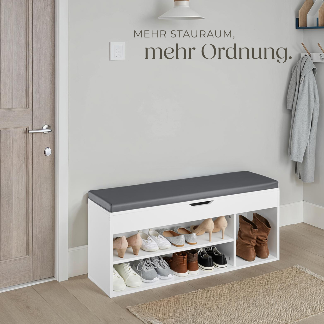 Schuhbank mit Sitzkissen Holz Schuhschrank Schuhregal Sitzfläche Klappfach 104cm - Bild 8 von 37