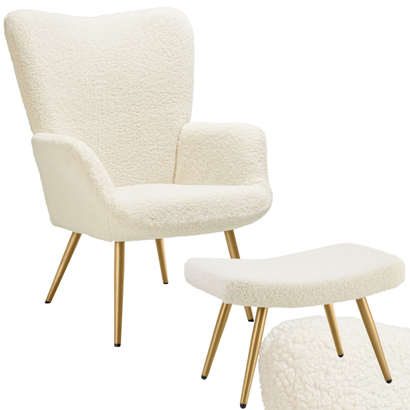 Sessel Hygge gepolstert, ergonomisch, Belastbarkeit 150 kg - mit Hocker, Bouclé creme/gold