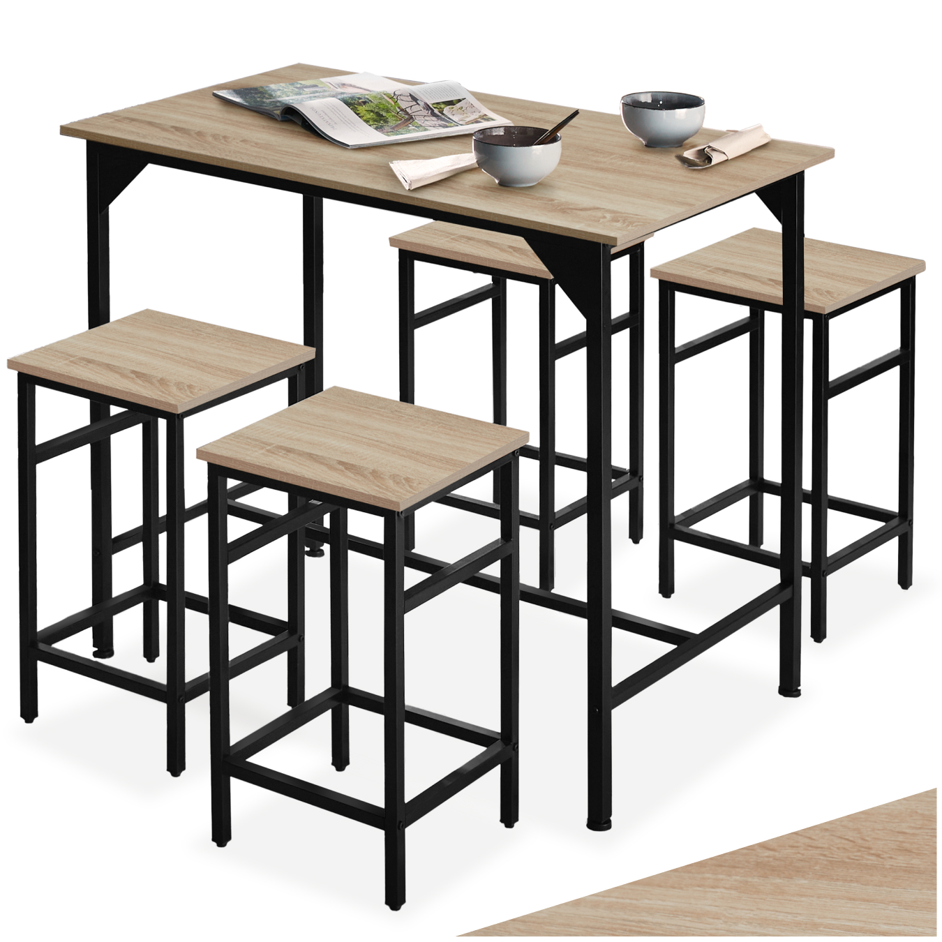 Dining Table with 4 Bar Stools Edinburgh - height-adjustable plastic feet - industrial wood light, oak Sonoma | tectake