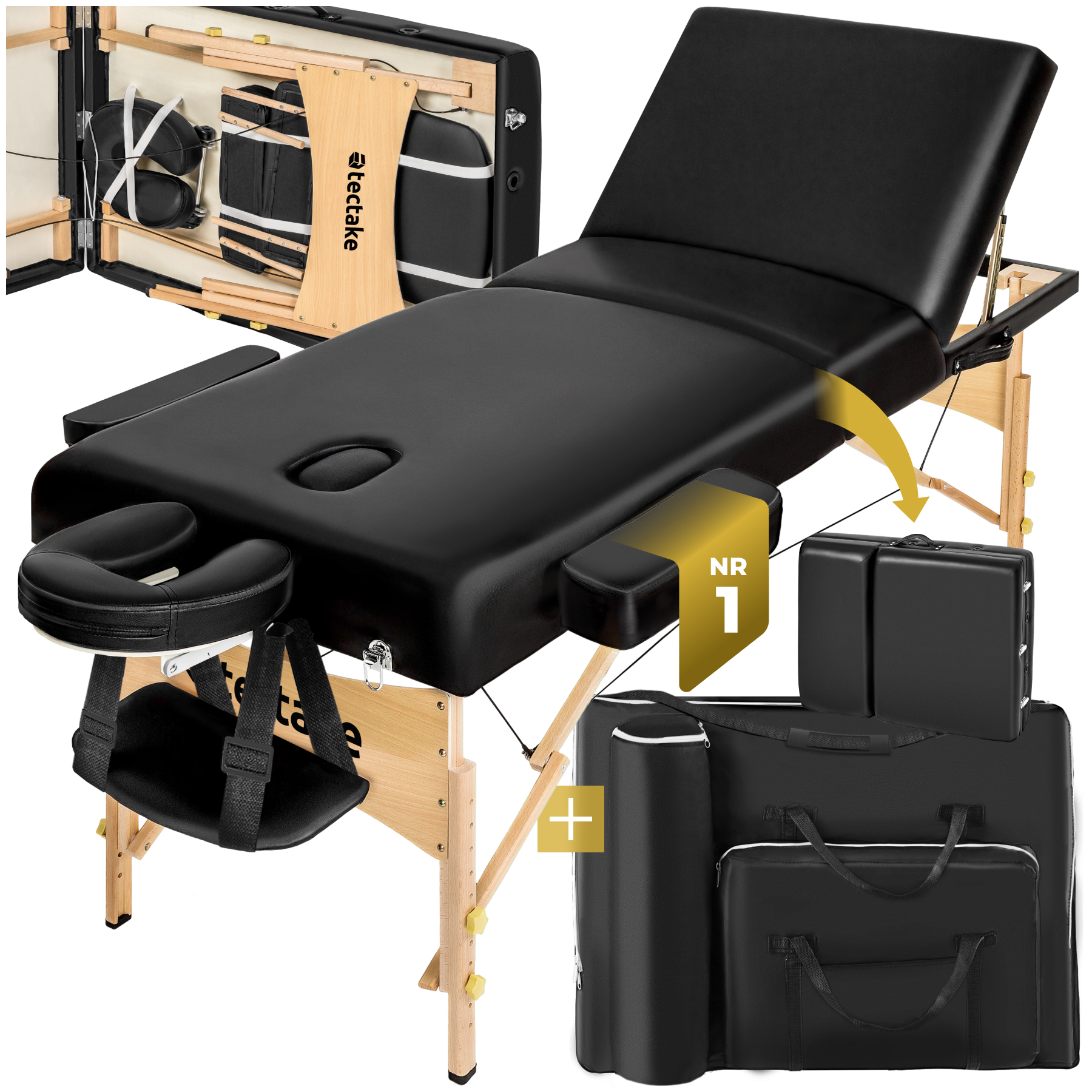 Table de massage pliante 3 Zones - 10 cm d'épaisseur + housse - noir | tectake