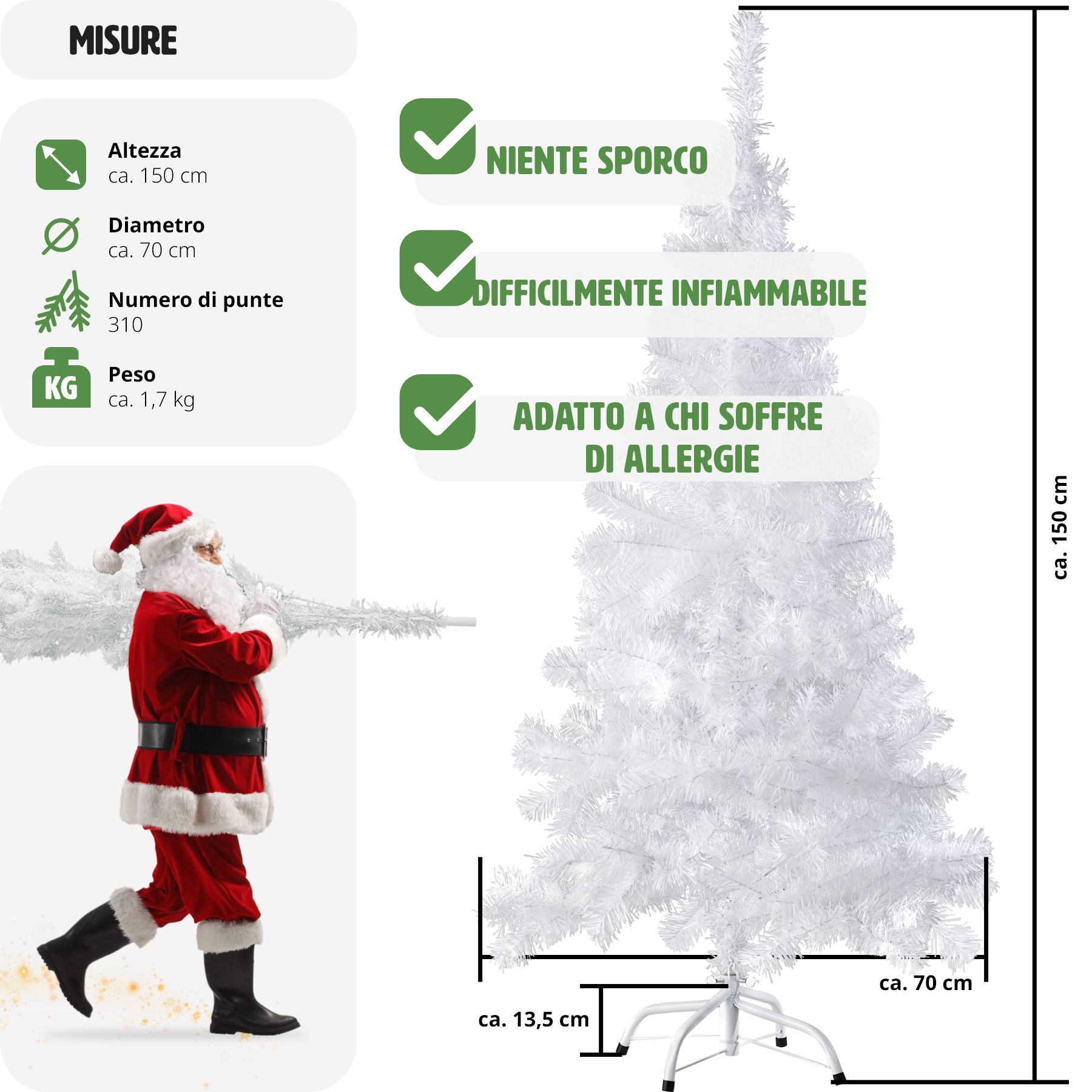 Albero di Natale Artificiale con Supporto Natalizia 310 Punte 150 cm Verde nuovo - Foto 7 di 25