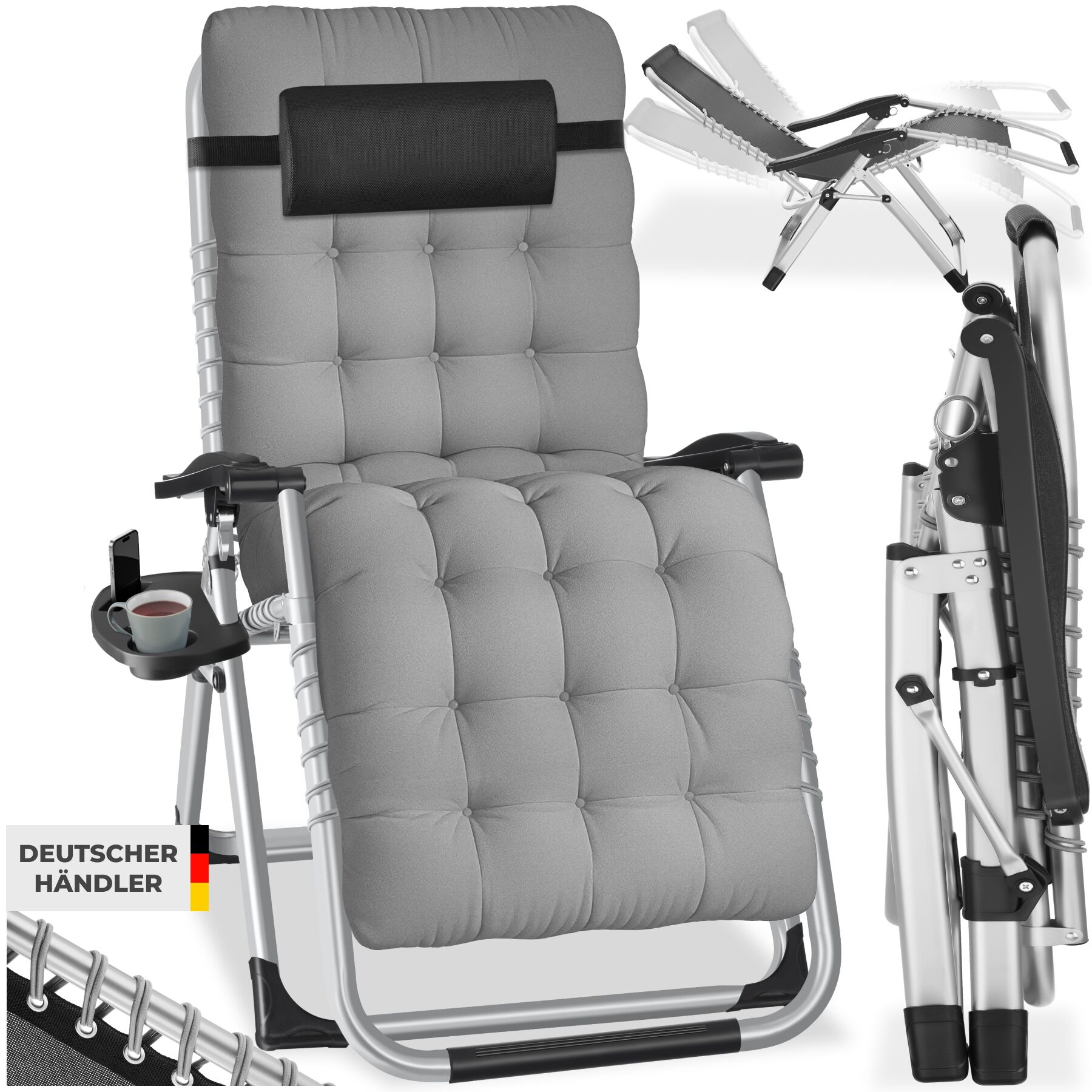 tectake - Chaise longue pliable CLOUD réglable en continu - gris clair, par pièce