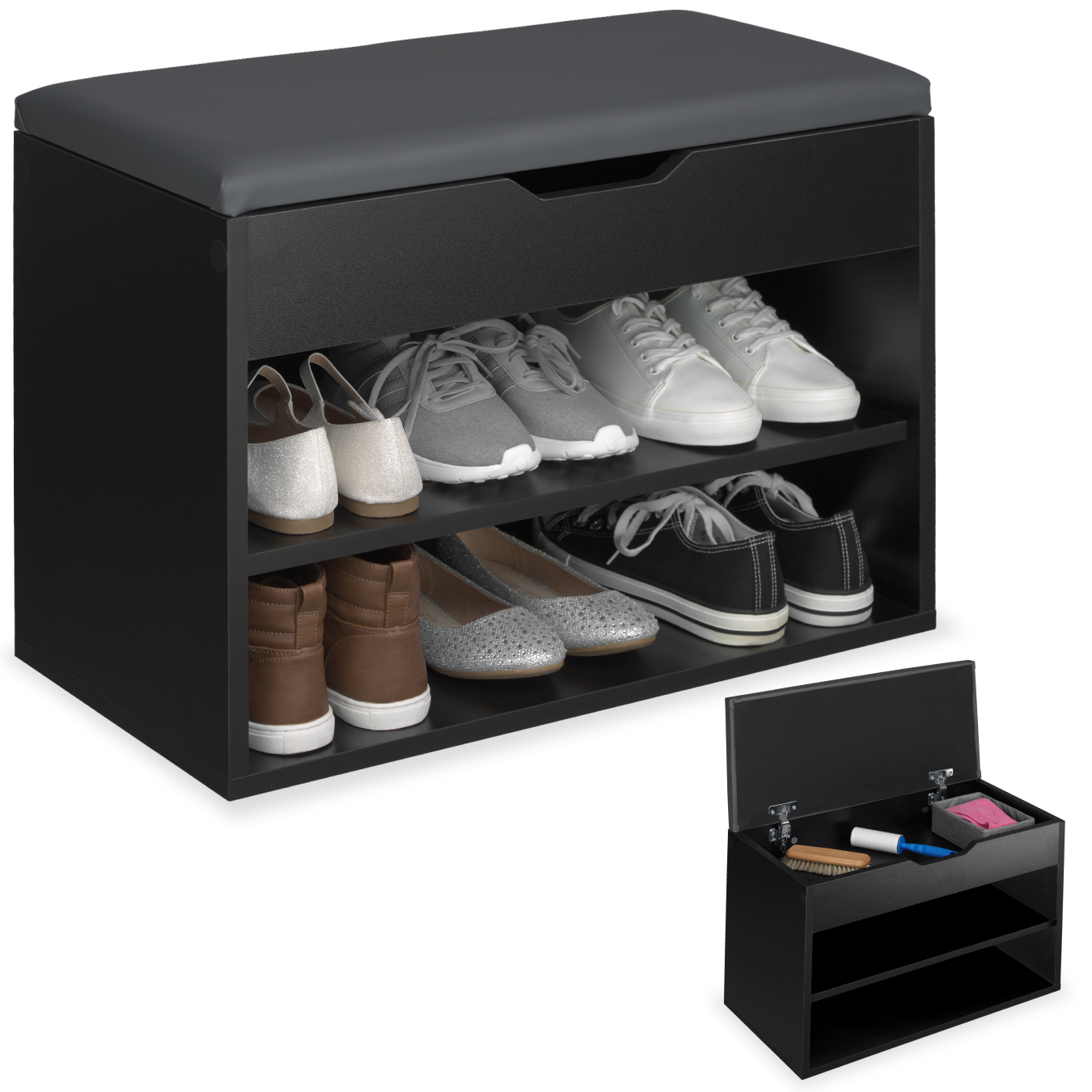 Schuhbank Jasmina mit Sitzpolster 60x30x43,5cm - schwarz
