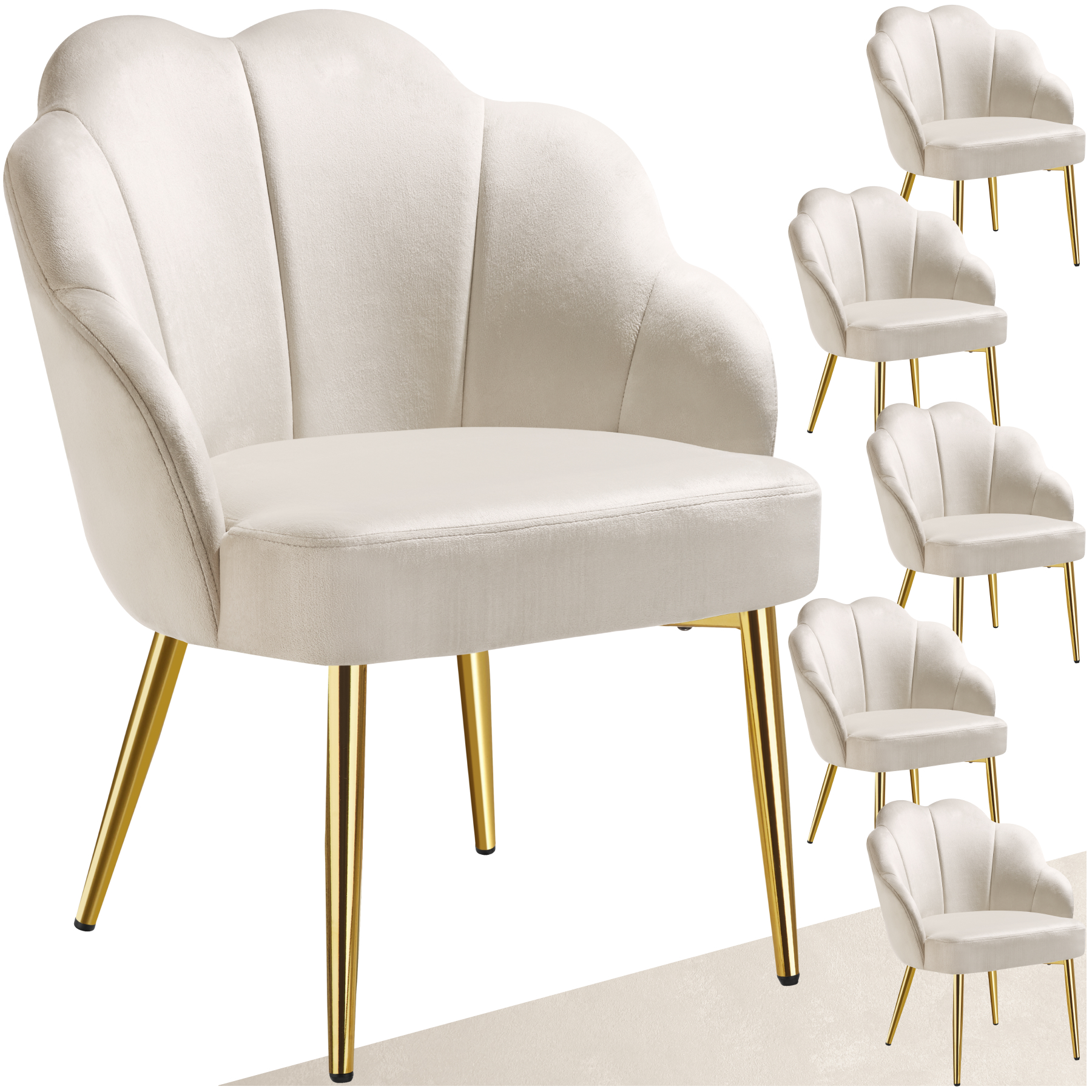 Accent Chair Hellen - velvet cover, padded, extra-wide shell-shaped backrest - cream/gold, Set of 6 | tectake