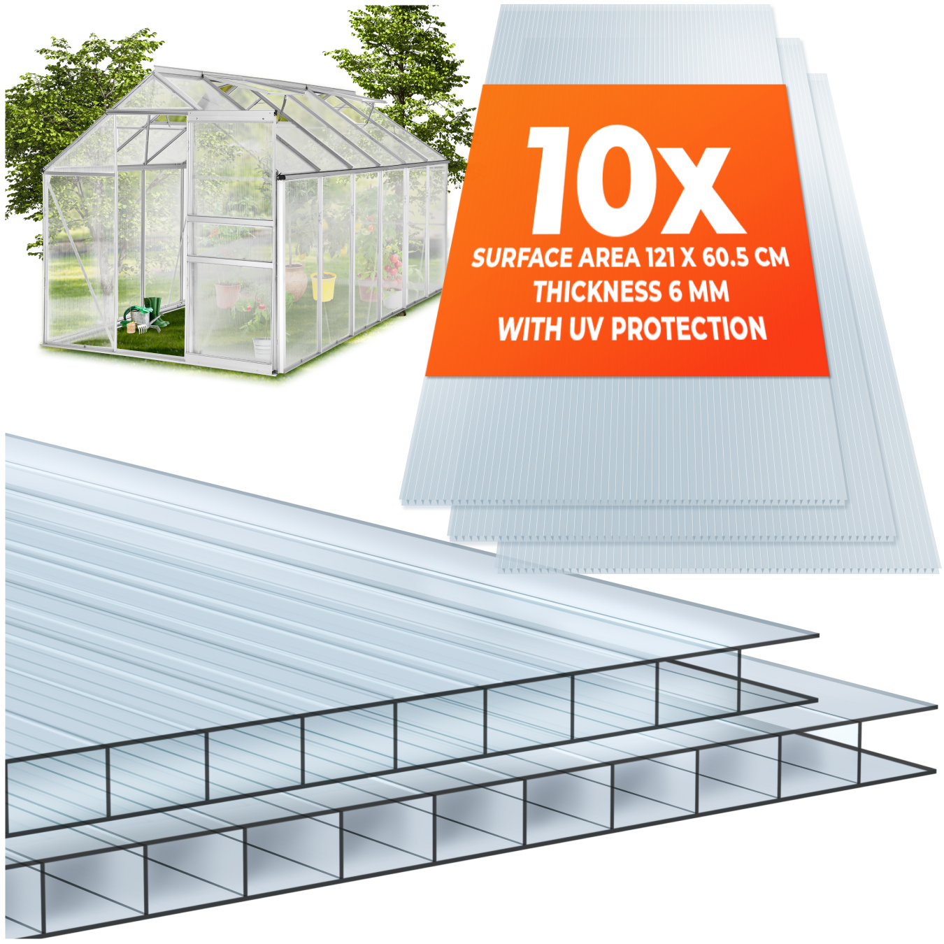 10 Polycarbonate Panels - dual-walled, cuttable, insulating - 121 x 60.5 x 0.6 cm