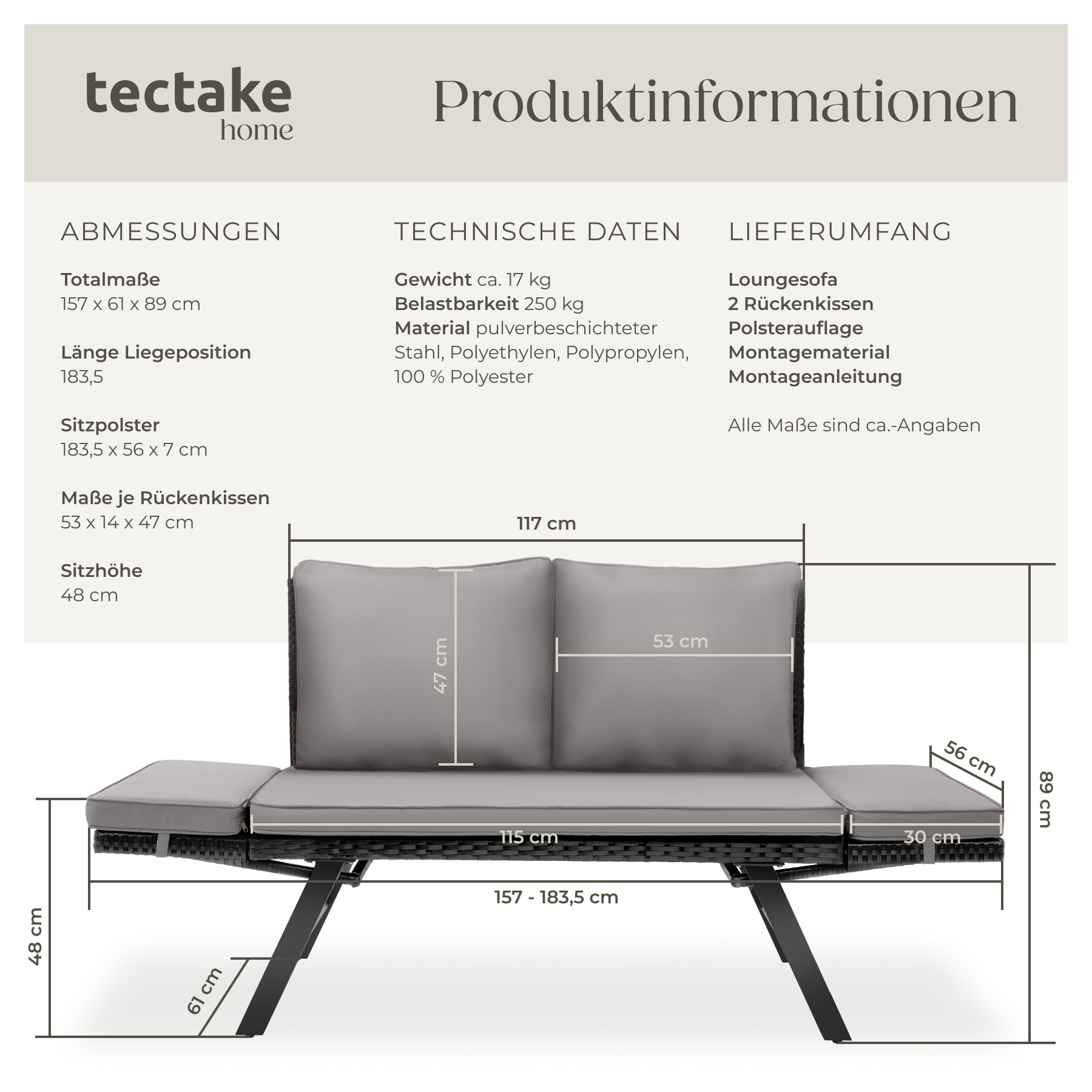 Rattan-Loungesofa Liege Gartensofa verstellbare Armlehnen gepolstert 250kg