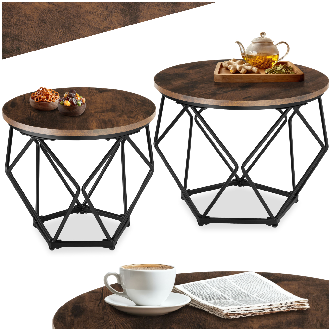 2 tables basses Benham - Bois foncé industriel, rustique