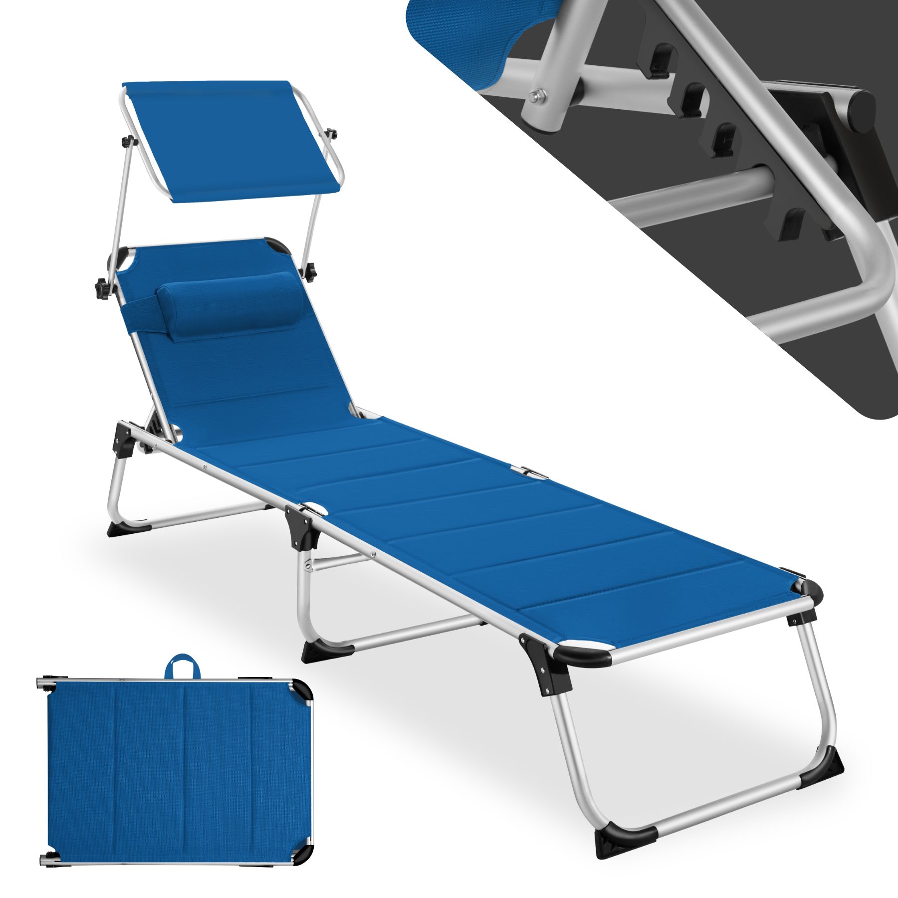 Sun Lounger Lorella - padded, foldable, with sunshade, 6-step backrest, cushion - blue