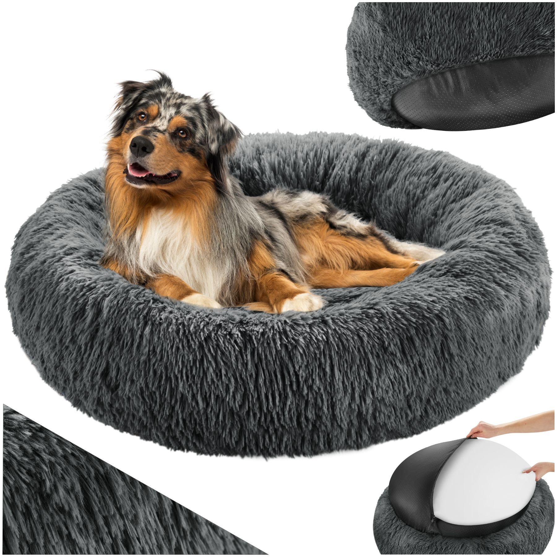 Dog Bed Maja - round with long plush, thick padding with raised edge, washable & non-slip - Ø 70 cm
