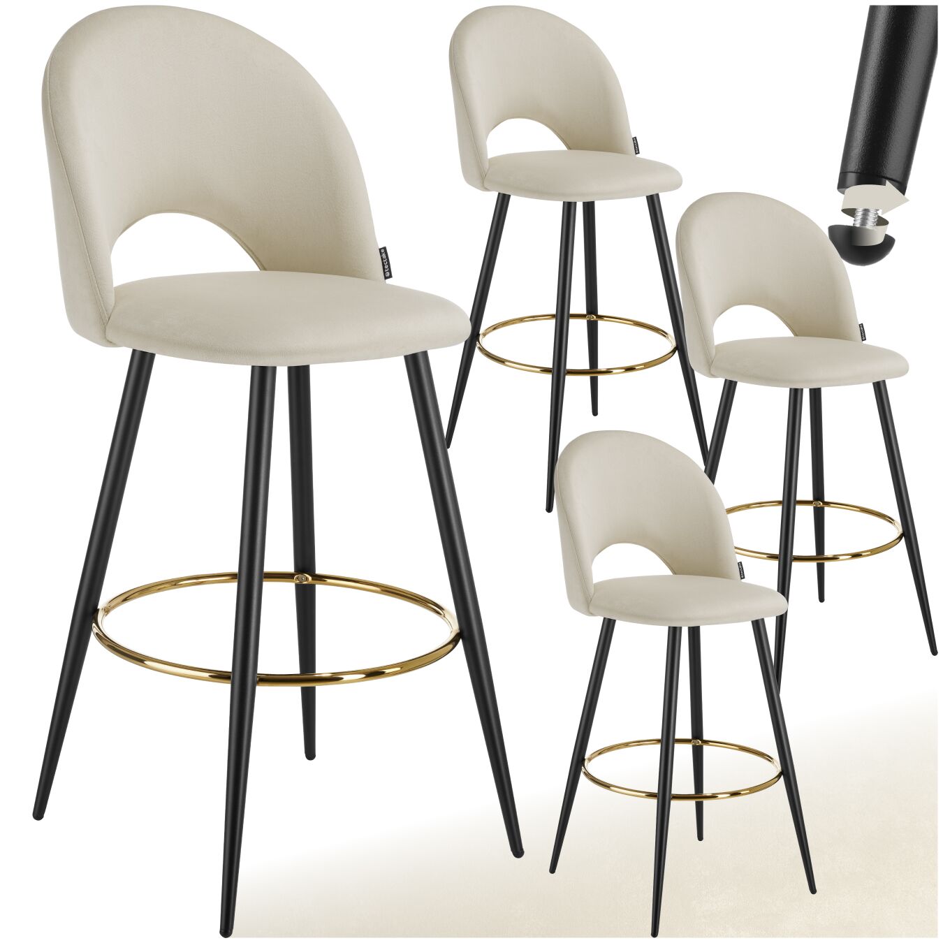 Bar Stool Rachel with backrest and velvet look cover, 49 x 58 x 110 cm - cream/black, Set of 4 | tectake