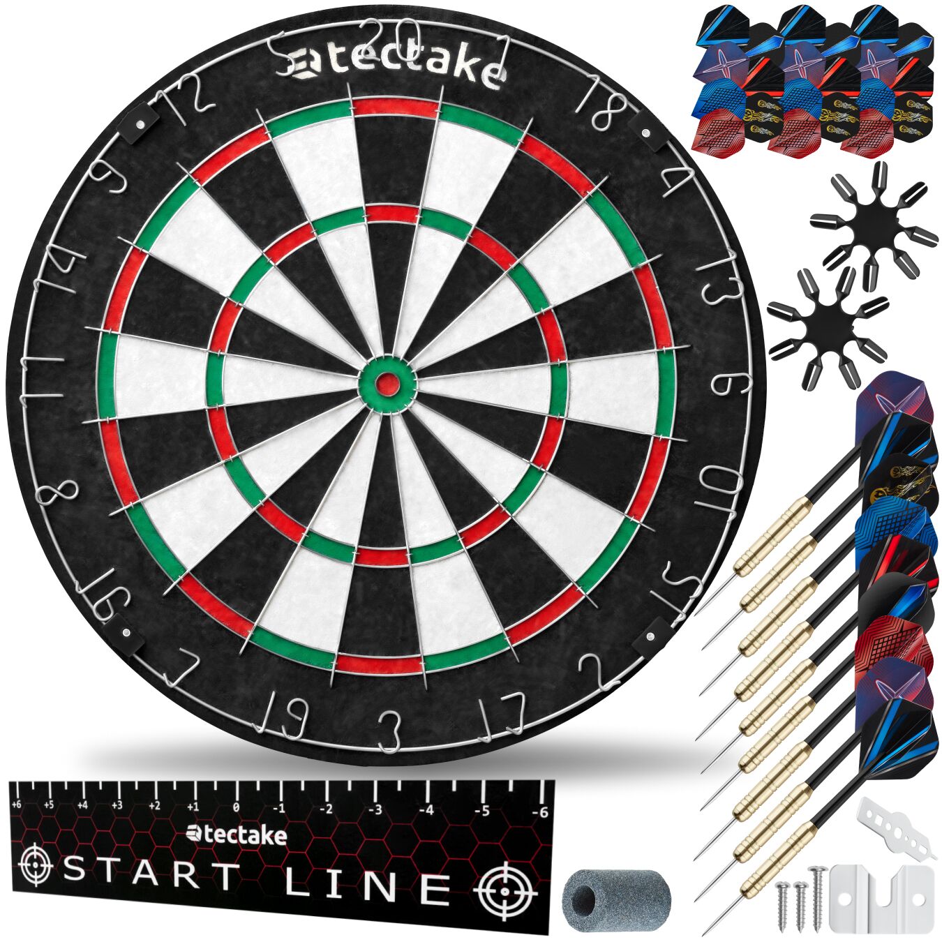 Dartbord Bully met 9 pijlen, 21 flights en accessoires - zwart / wit