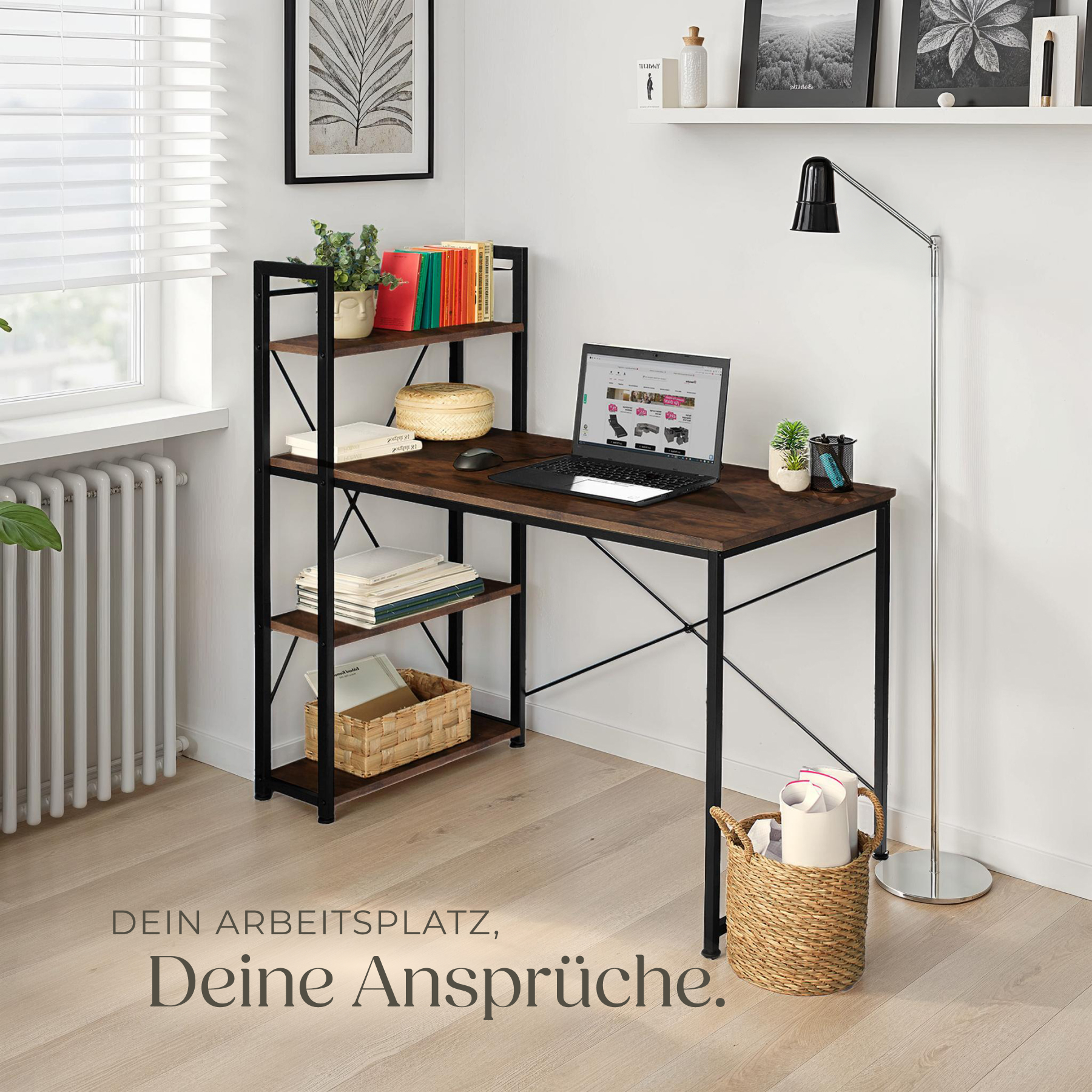 Schreibtisch mit Regal Bürotisch Arbeitstisch 3 Ablagen Industrial Holz Metall