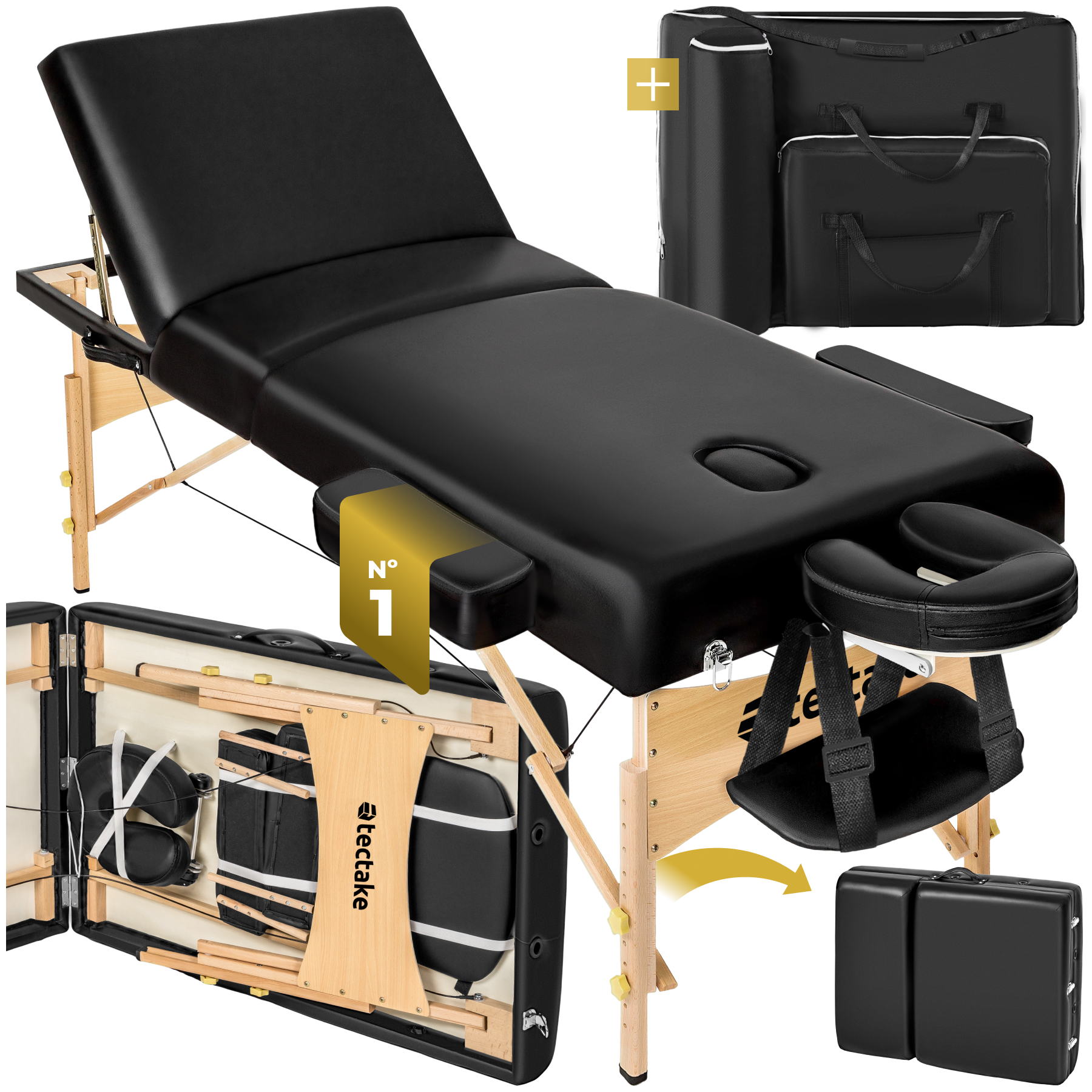Camilla para masajes de 3 zonas SOMWANG con acolchado de 7,5 cm y estructura de madera - negro | tectake