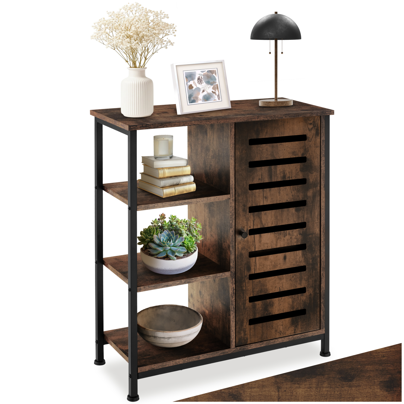 Sideboard - surface top, 3 open shelves, 1 cabinet with adjustable shelves - Industrial wood dark, rustic, Door hinge on the right