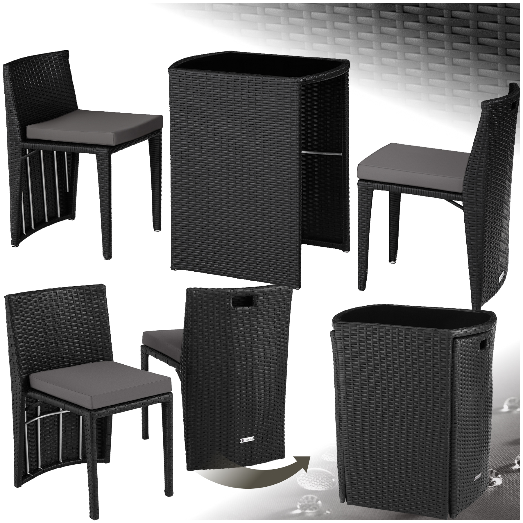 Rattanset, mit Aluminiumgestell, für 2 Personen, wetterfest und UV-beständig - schwarz