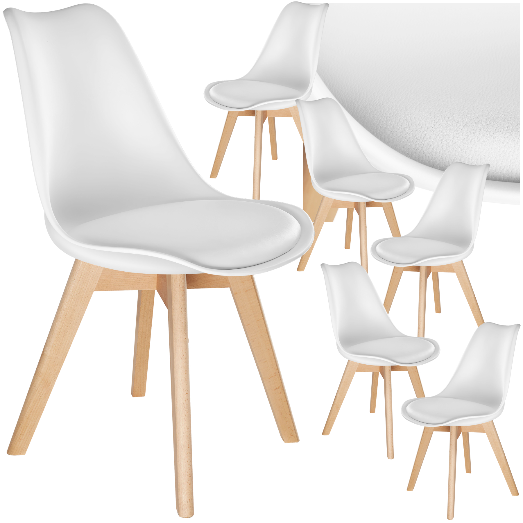 Dining Chair Frederikke with Padded Seat, Ergonomic Shape, and Wooden Legs - white, Set of 6