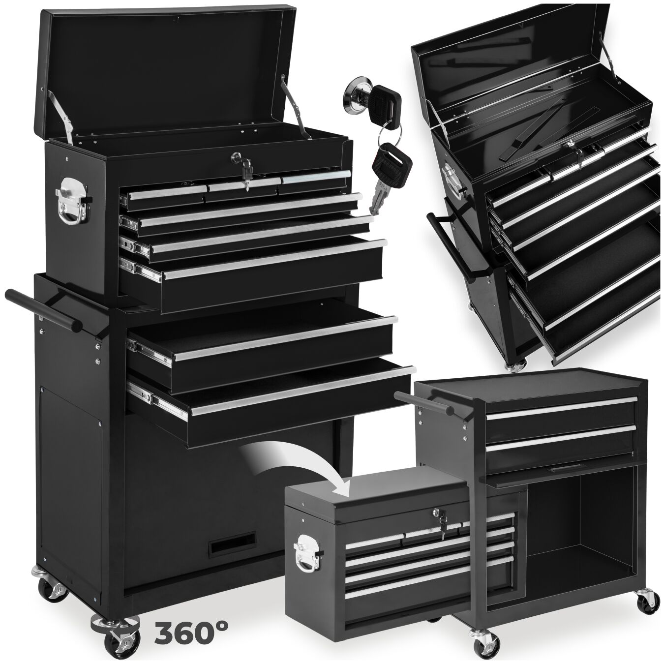 Tool Chest - 8 drawers, 4 wheels, multiple layouts, lockable - black