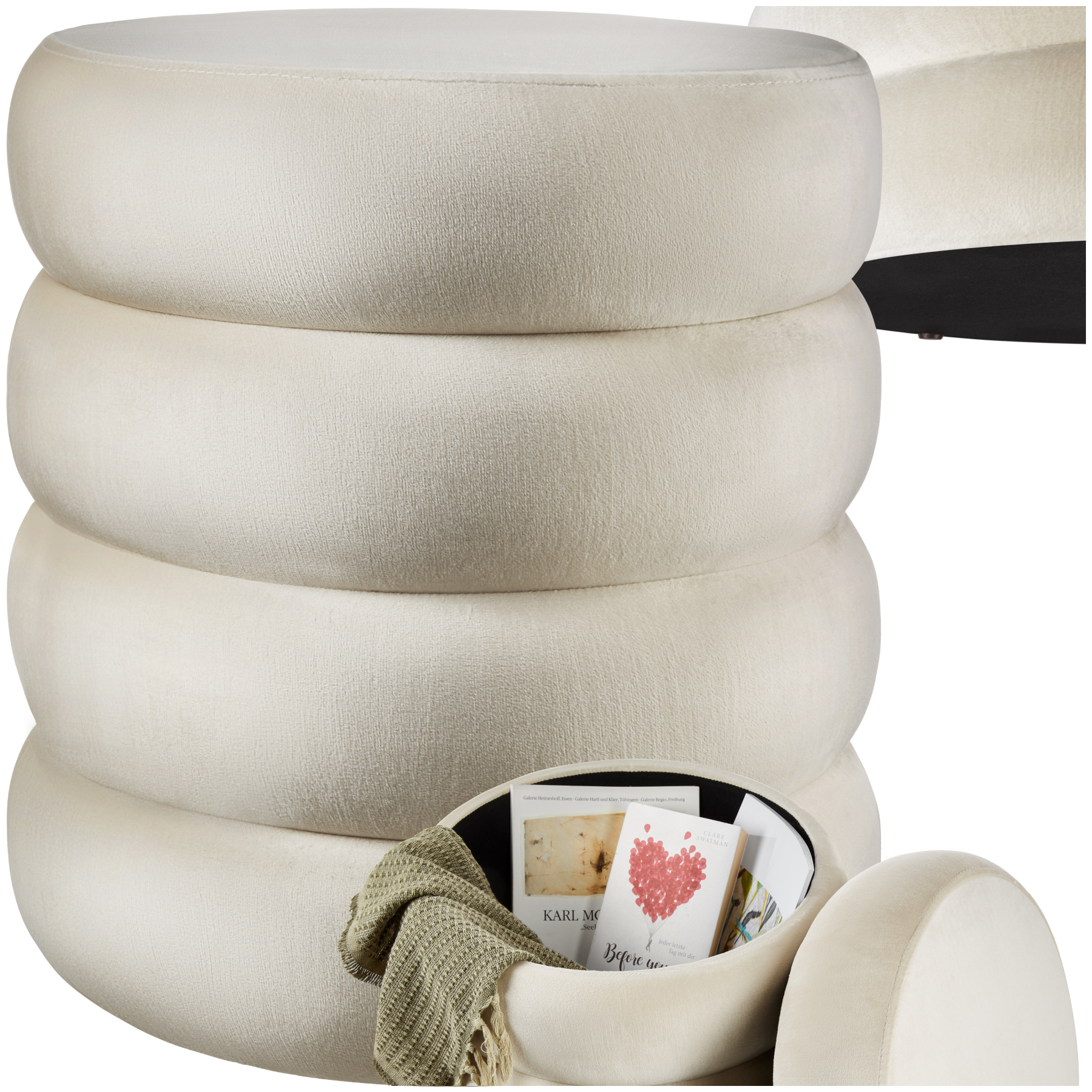 Stool Altu - padded seat, large storage space - velvet look cream-white