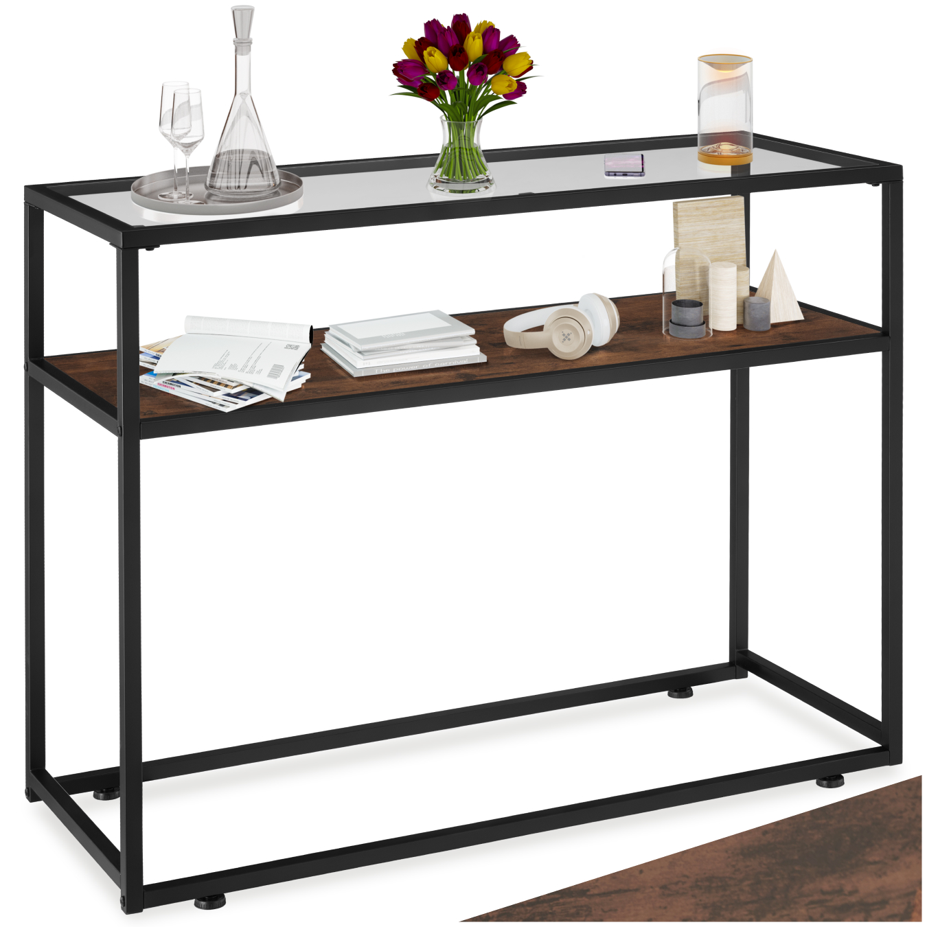 Tavolo console vetro corridoio tavolino appoggio 2 ripiani legno metallo - Foto 2 di 25