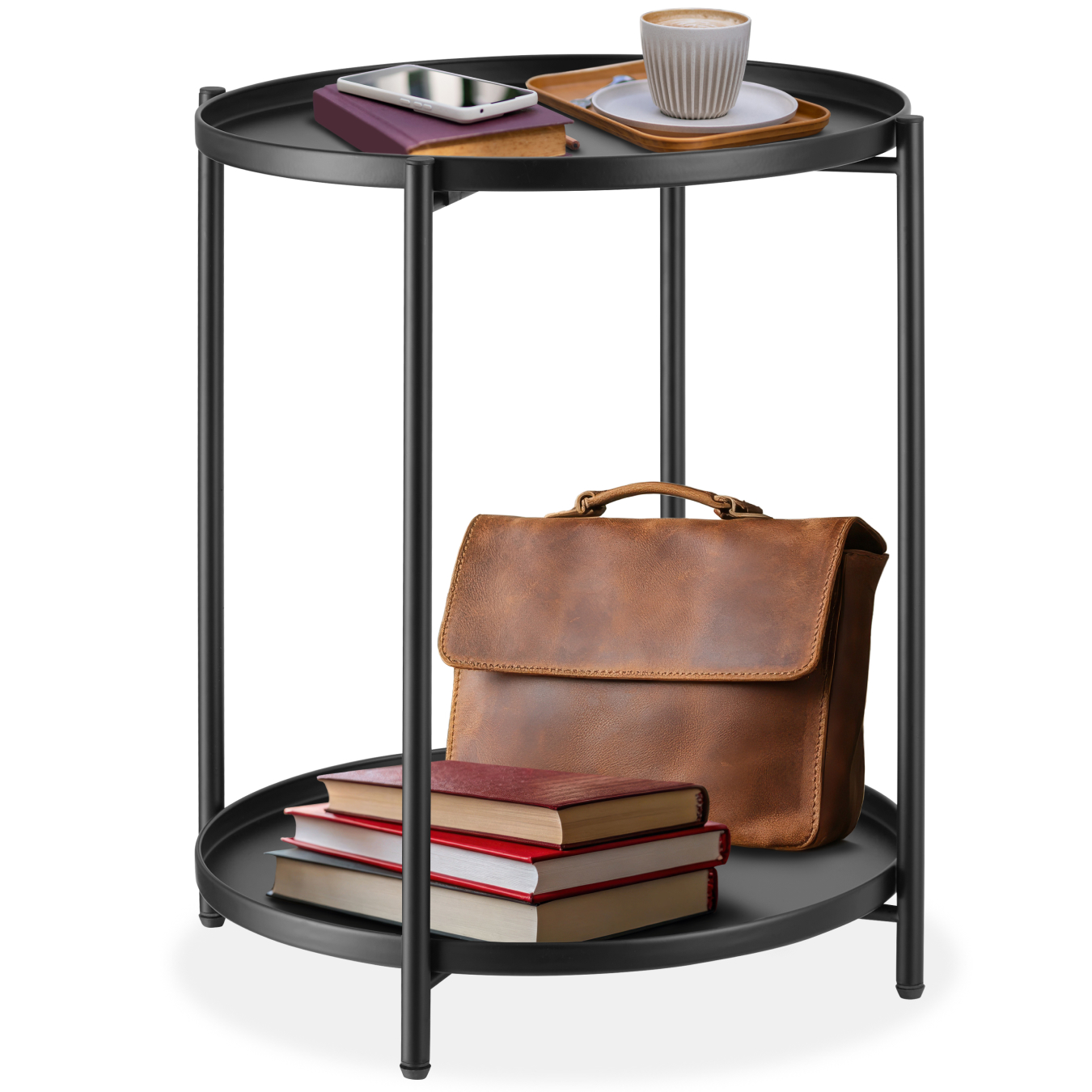 Bedside Table Oxford - round with removable shelves, 45.5 x 45.5 x 53 cm - black