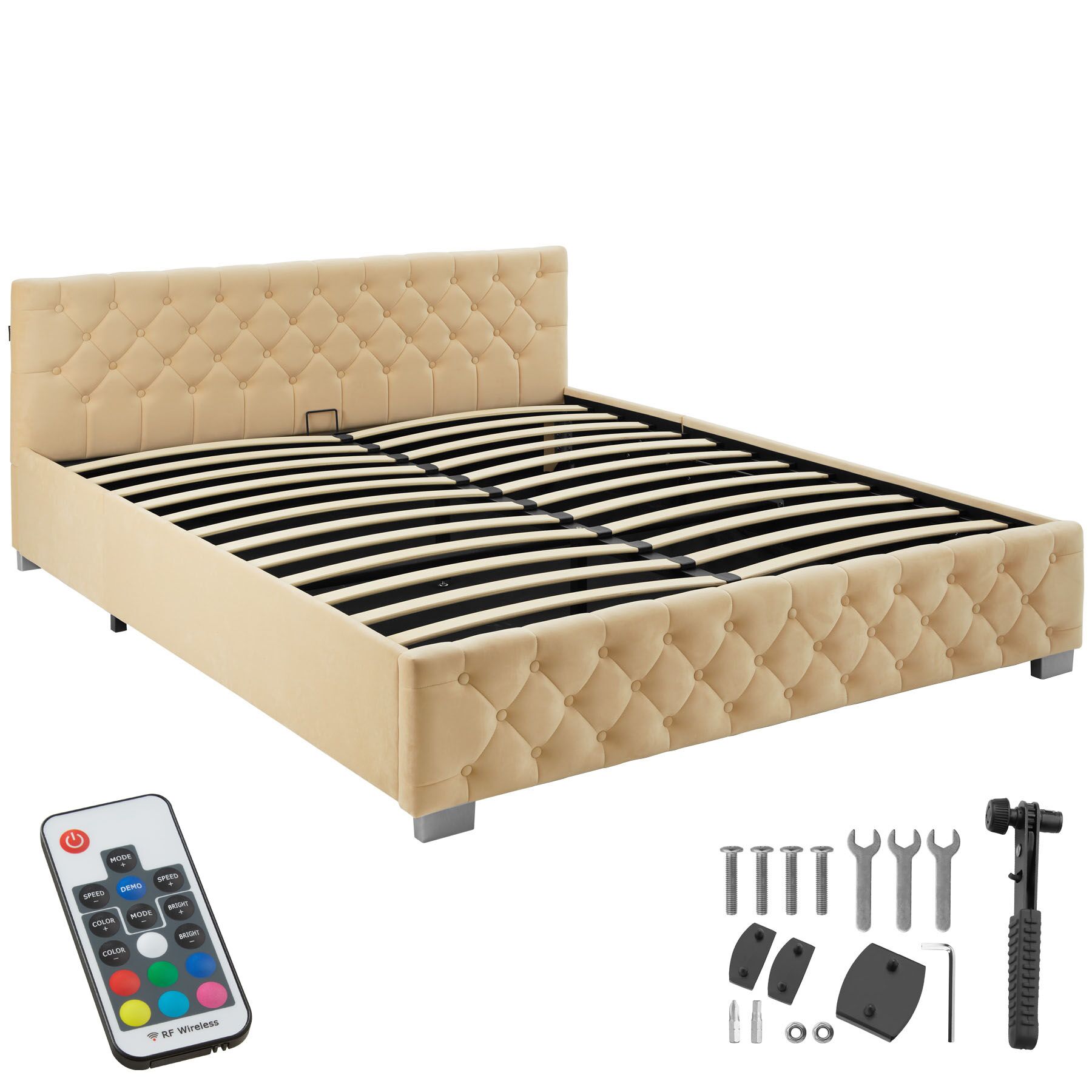 Polsterbett mit LED-Leisten & Stauraum - beige, 180 x 200 cm