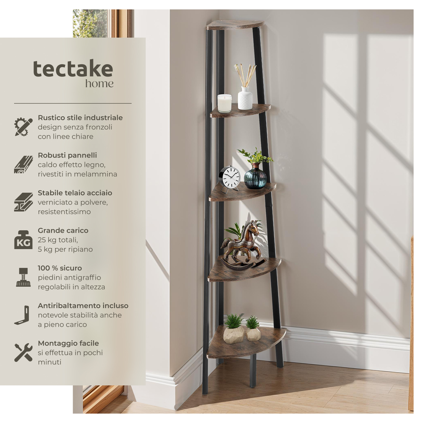 Scaffali angolo Portland stile industriale 5 ripiani libreria alta legno metallo - Foto 3 di 25