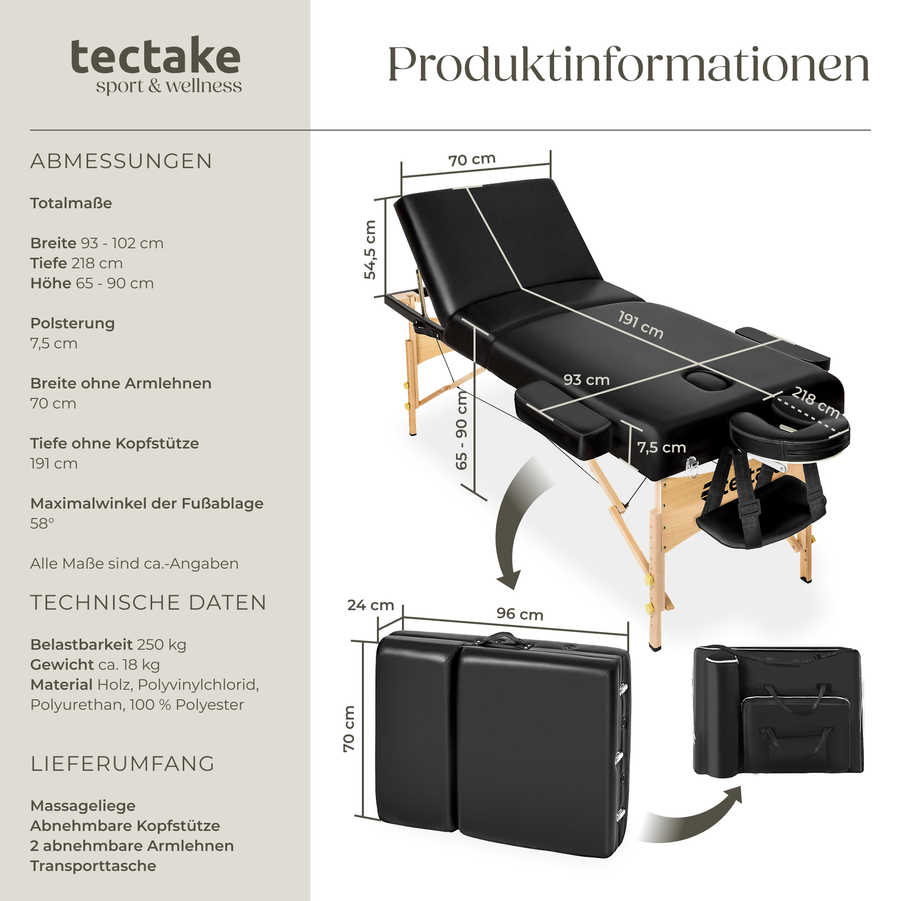 Massageliege Massagetisch Massagebank Holz Liege Mobil klappbar 3 Zonen Tasche
