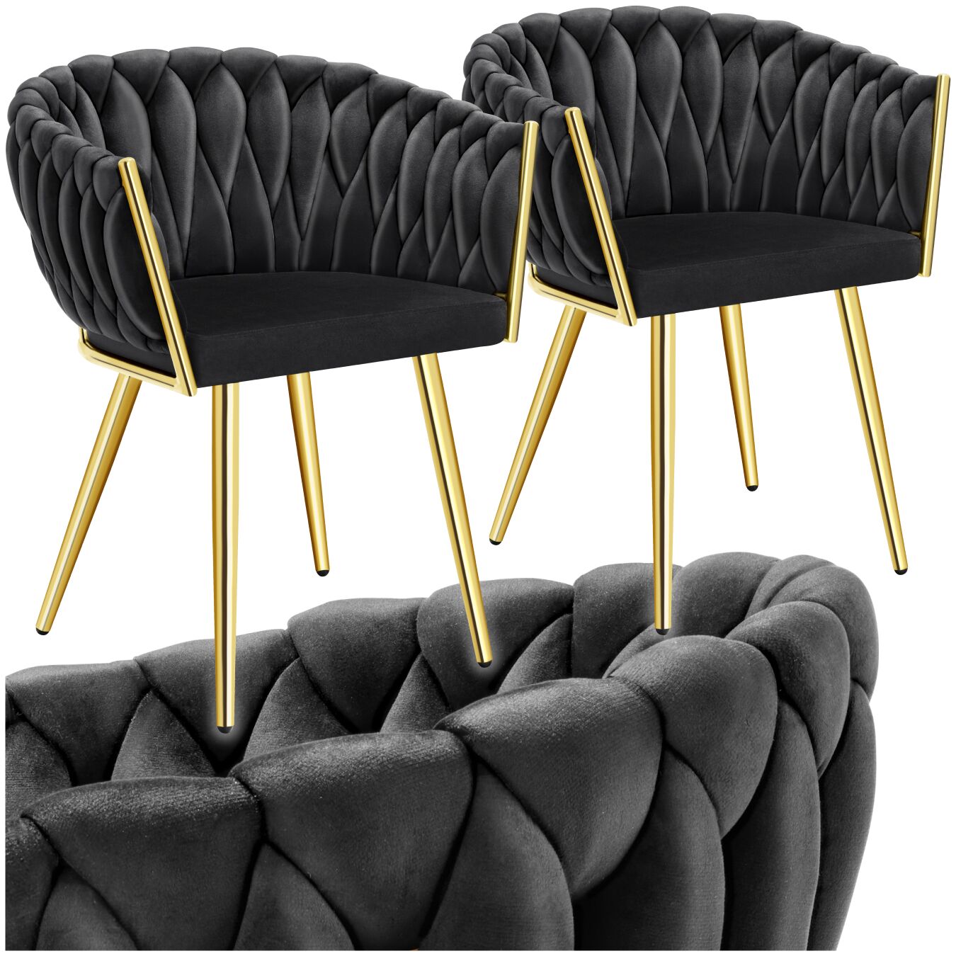 Set Esszimmerstuhl Astano Samt, Knotendesign - schwarz/gold, 2er Set