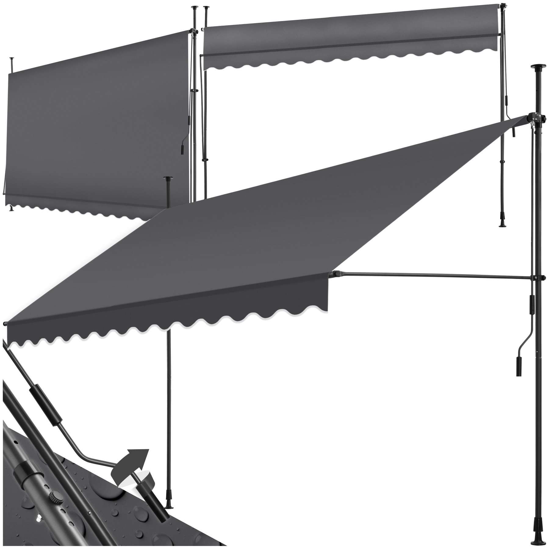 Klemmmarkise mit Handkurbel, höhenverstellbar - 350 x 180 cm, schwarz/grau