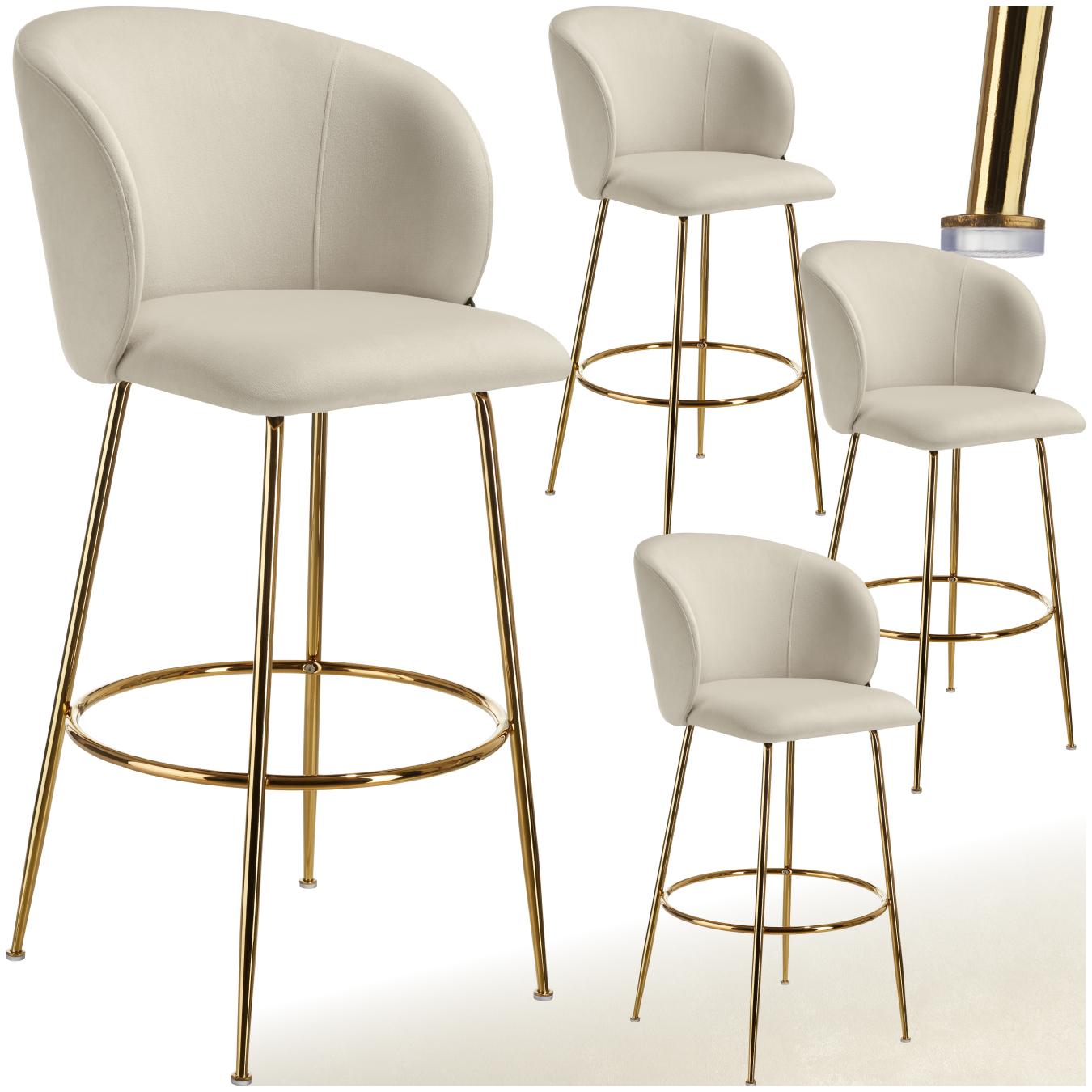 Barkruk Luana, met rugleuning, fluweellook - creme/goud, Set van 4