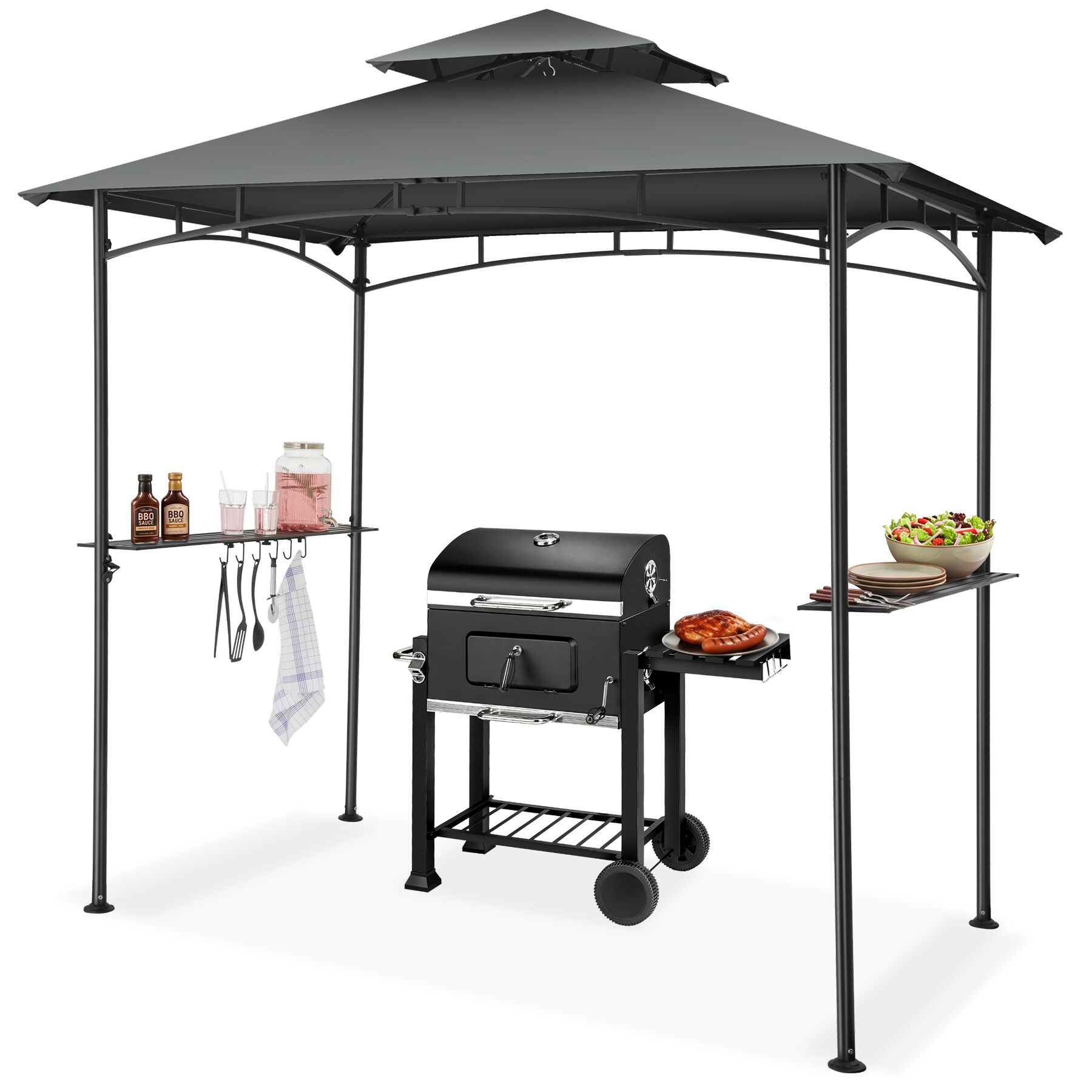 Maracaibo BBQ Pavilion, weatherproof, wind canopy, 2 shelves - anthracite | tectake