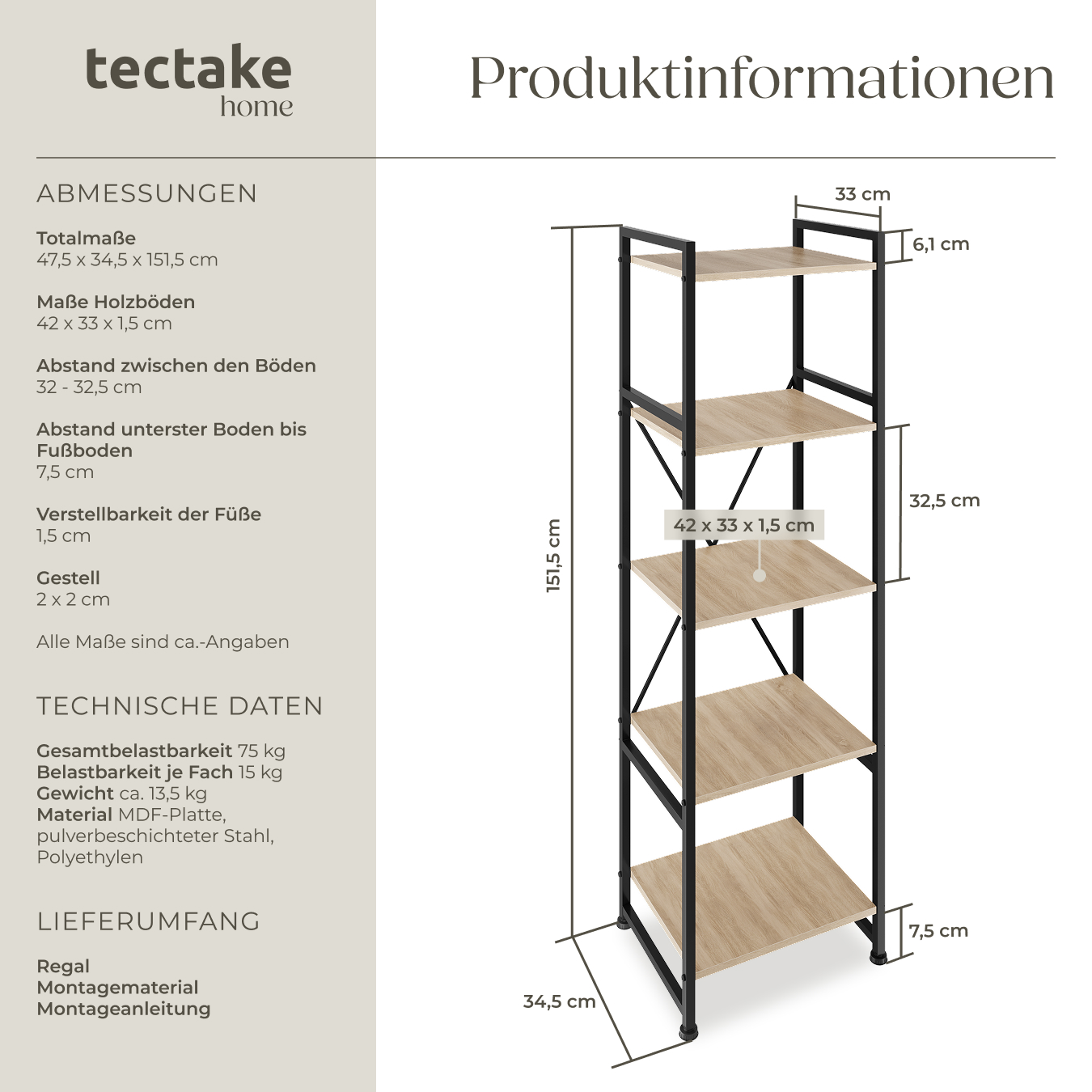 Standregal Bücherregal 5 Ebenen Medienregal Industrial Regal Metall Holz schwarz
