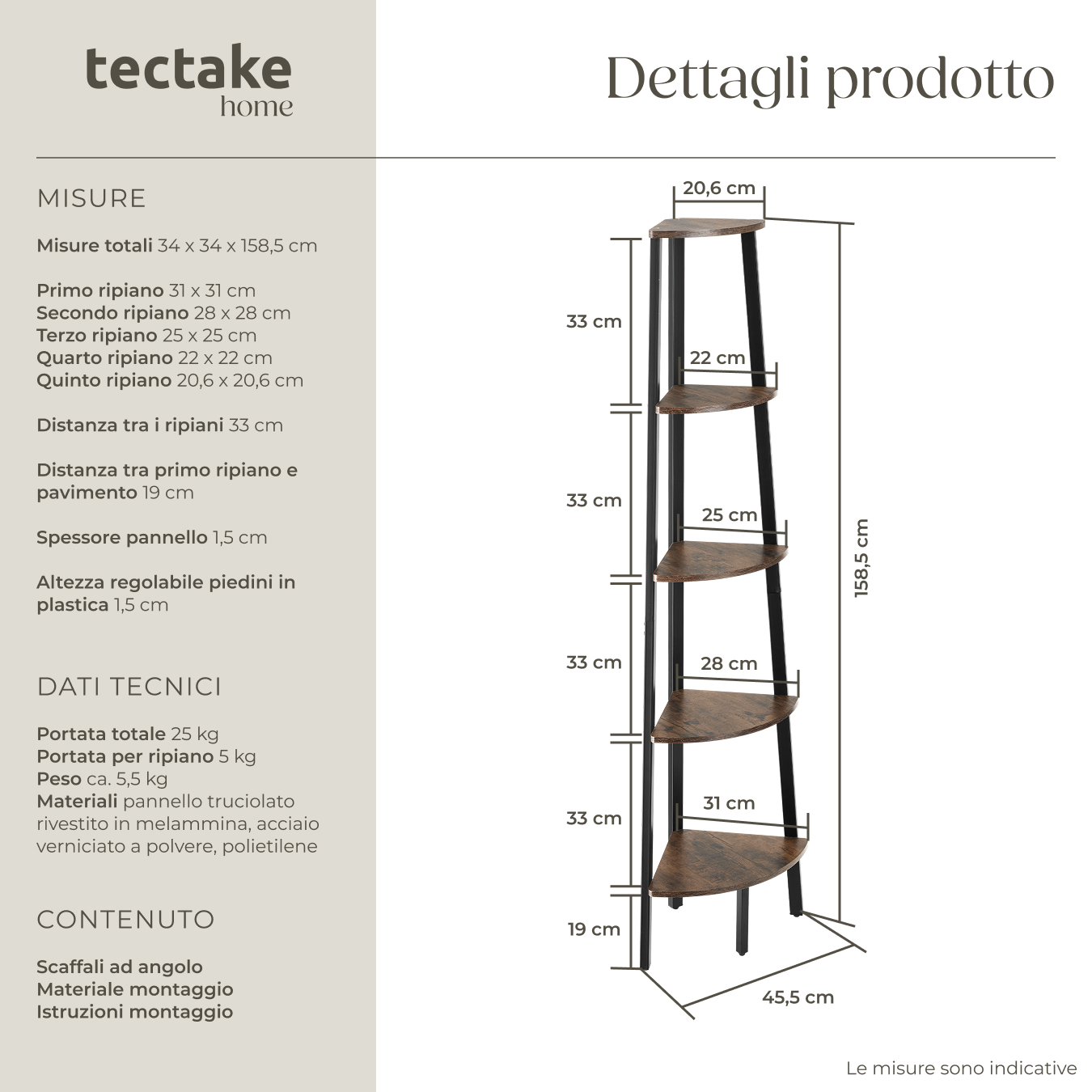 Scaffali angolo Portland stile industriale 5 ripiani libreria alta legno metallo - Foto 7 di 25