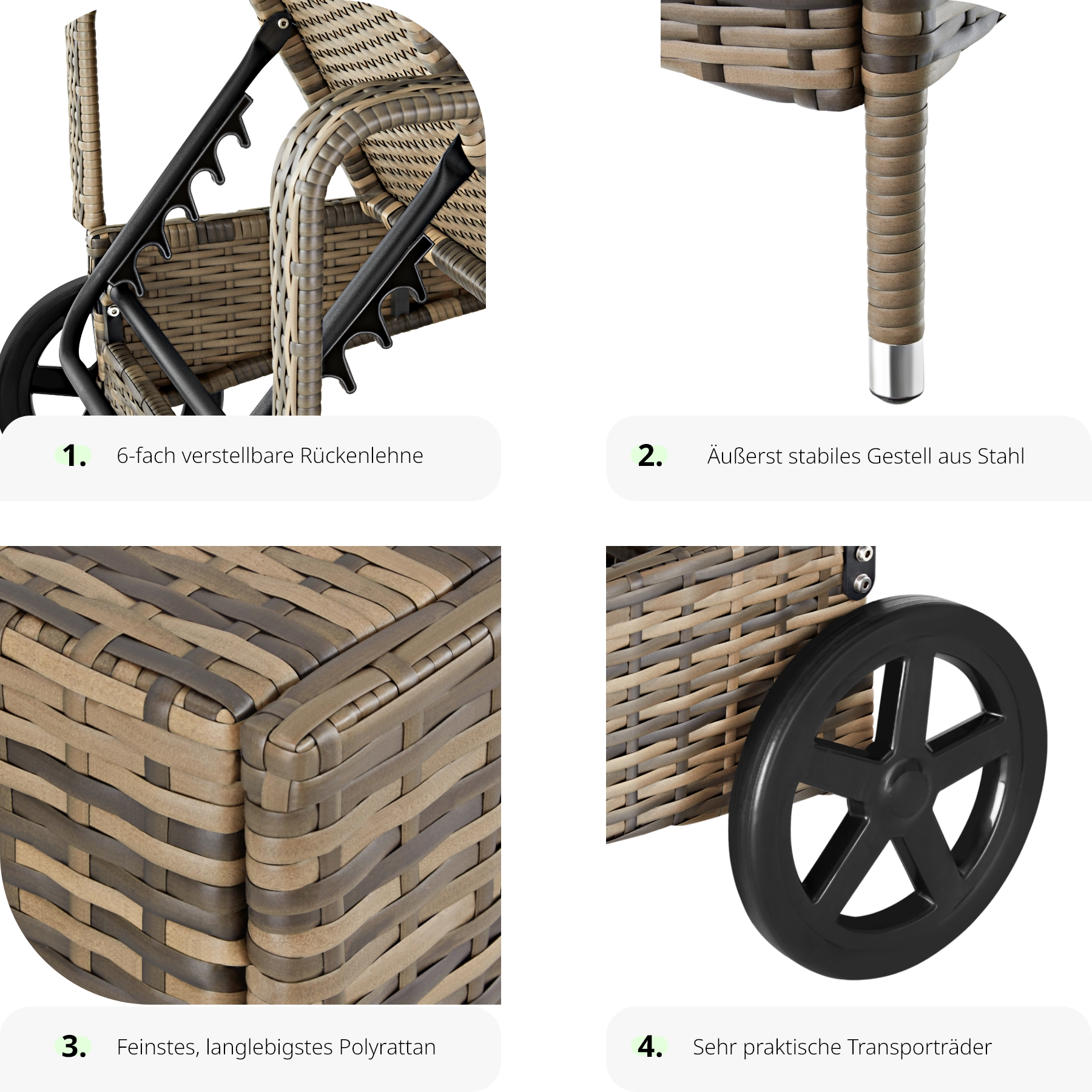 Sonnenliege klappbar Gartenliege Polyrattan Liegestuhl Strandliege robust 200 cm - Bild 64 von 145