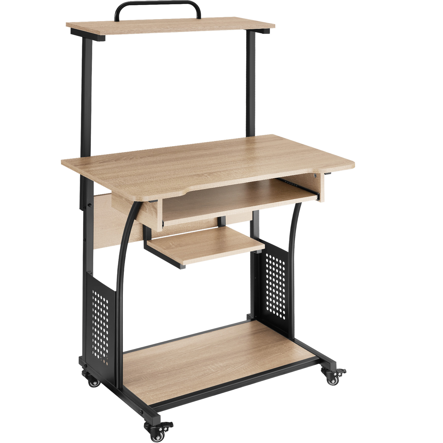 Desk Fife - 3 levels, attachable shelf and keyboard tray, 4 castors - industrial wood light, oak Sonoma
